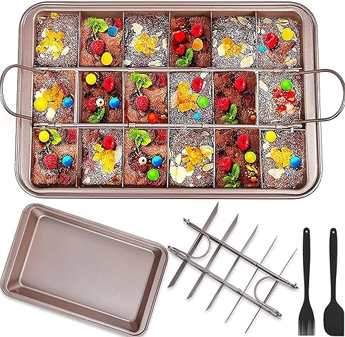 Miniatura 10 de Bandeja para brownie con divisores, bandeja para brownies con cortador, sartén antiadherente para hornear brownie con cepillo para espátula, moldes