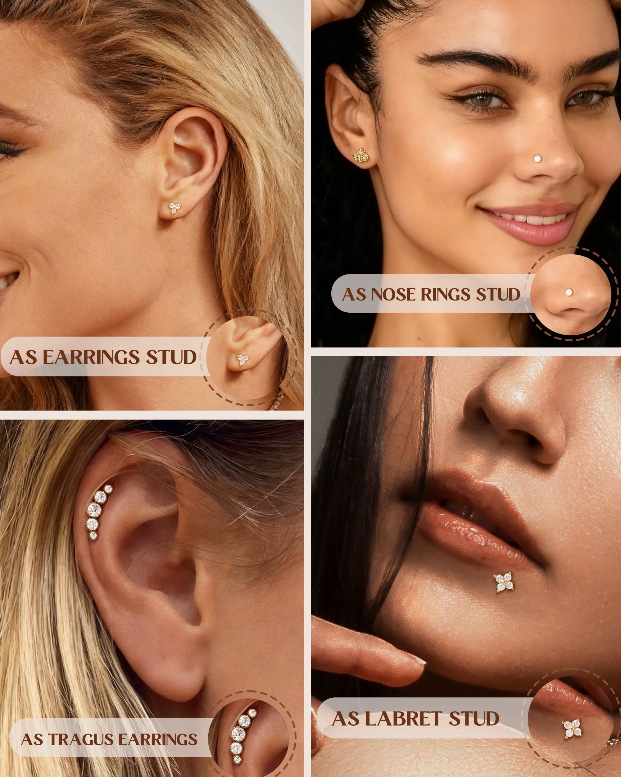 LOLIAS 16G/20G Piercing Oreja Tragus Labret Acero Quirurgico Hipoalergénico CZ Pendiente Mujer Pequeño Conch Helix Labio Oro/Plata