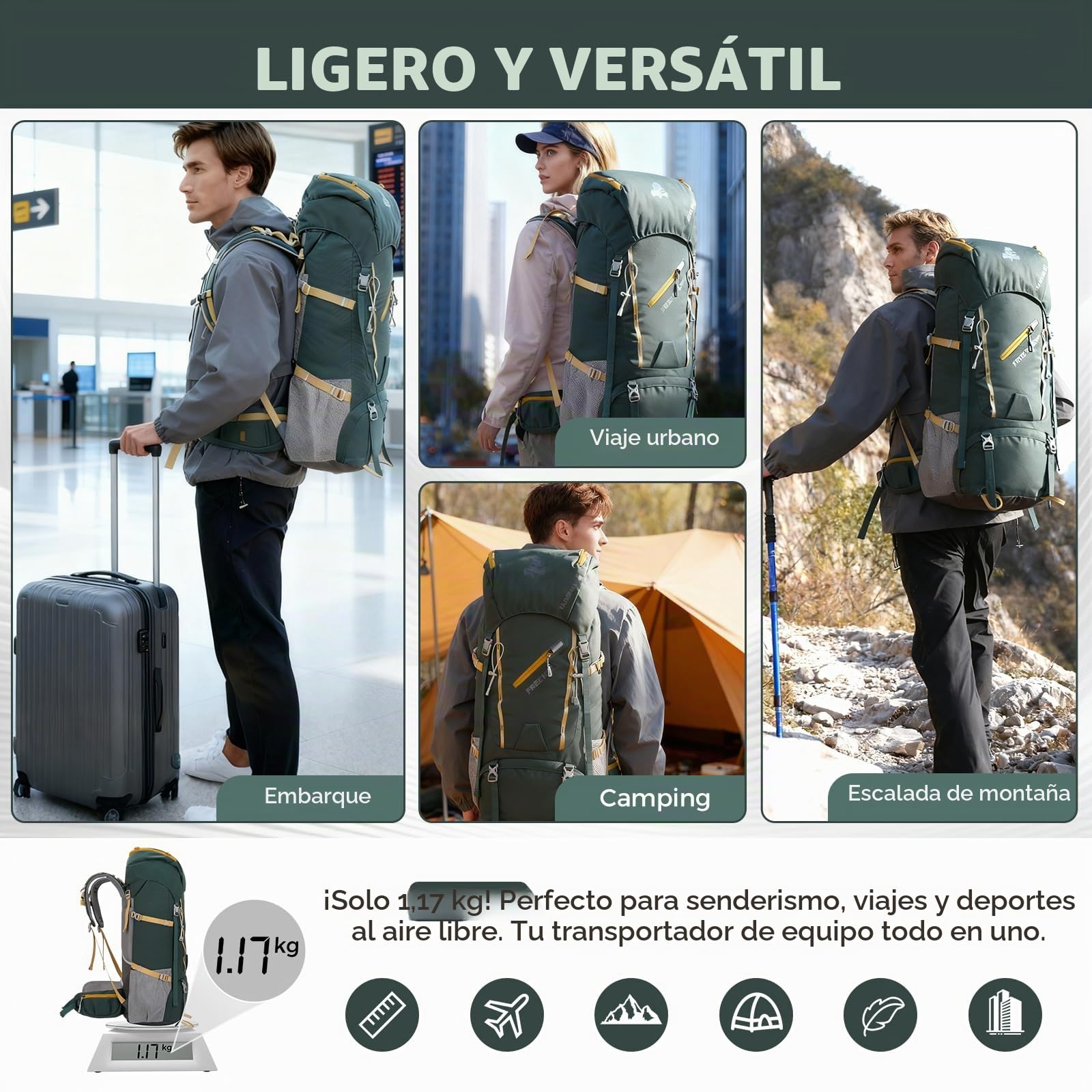 Bseash Mochila impermeable de 65 L para senderismo, camping, con cubierta para lluvia, deportes al aire libre, viajes, para escalada y turismo