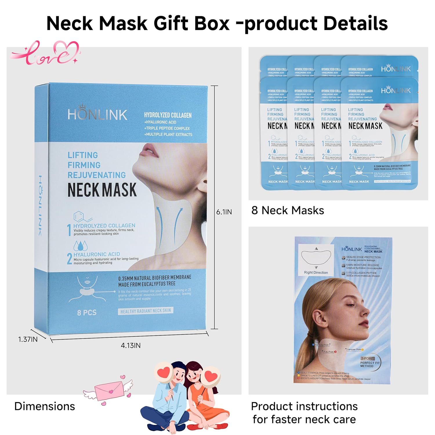 Neck Mask 8PCS, HONLINK Hydrolyzed Collagen Neck Mask Set with Hyaluronic Acid & Peptide,Moisturizing Firming Masks for Crepey Skin, Helps Reduce the Appearance of Fine Lines for Smoother-Looking Skin - Image 8