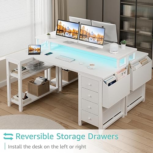 Miniatura 5 de Lufeiya Escritorio en forma de L con luces LED y tomas de corriente, escritorio de 47 pulgadas para computadora de estudio, escritorio de juegos con