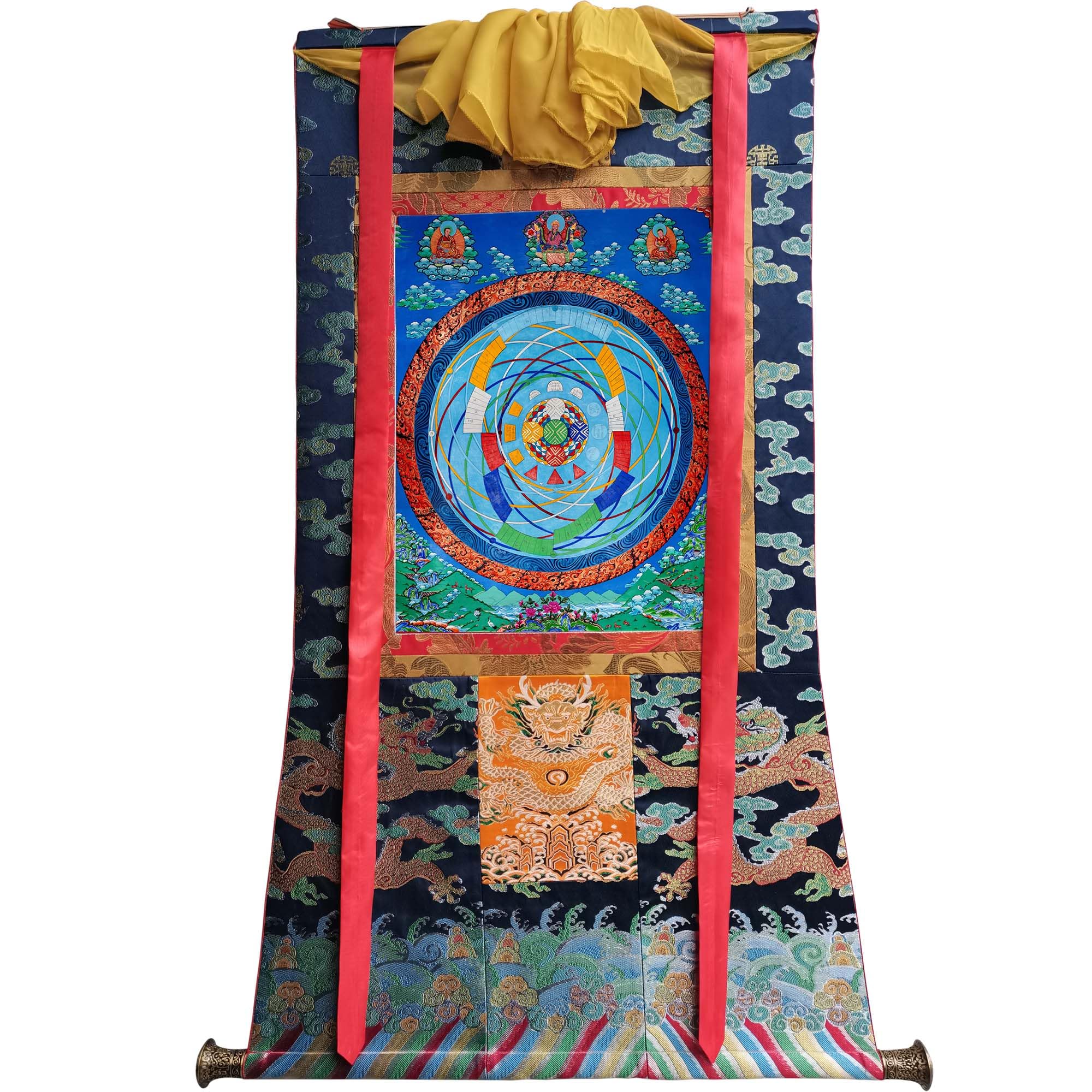 Gandhanra Tibetische Thangka-Kunst–Planeten Mandala Thangka–Hochauflösender Digital-Giclée-Druck und doppelt handgerahmt - Buddhistische Wandbehang-Tapisserie - 47" x 32"