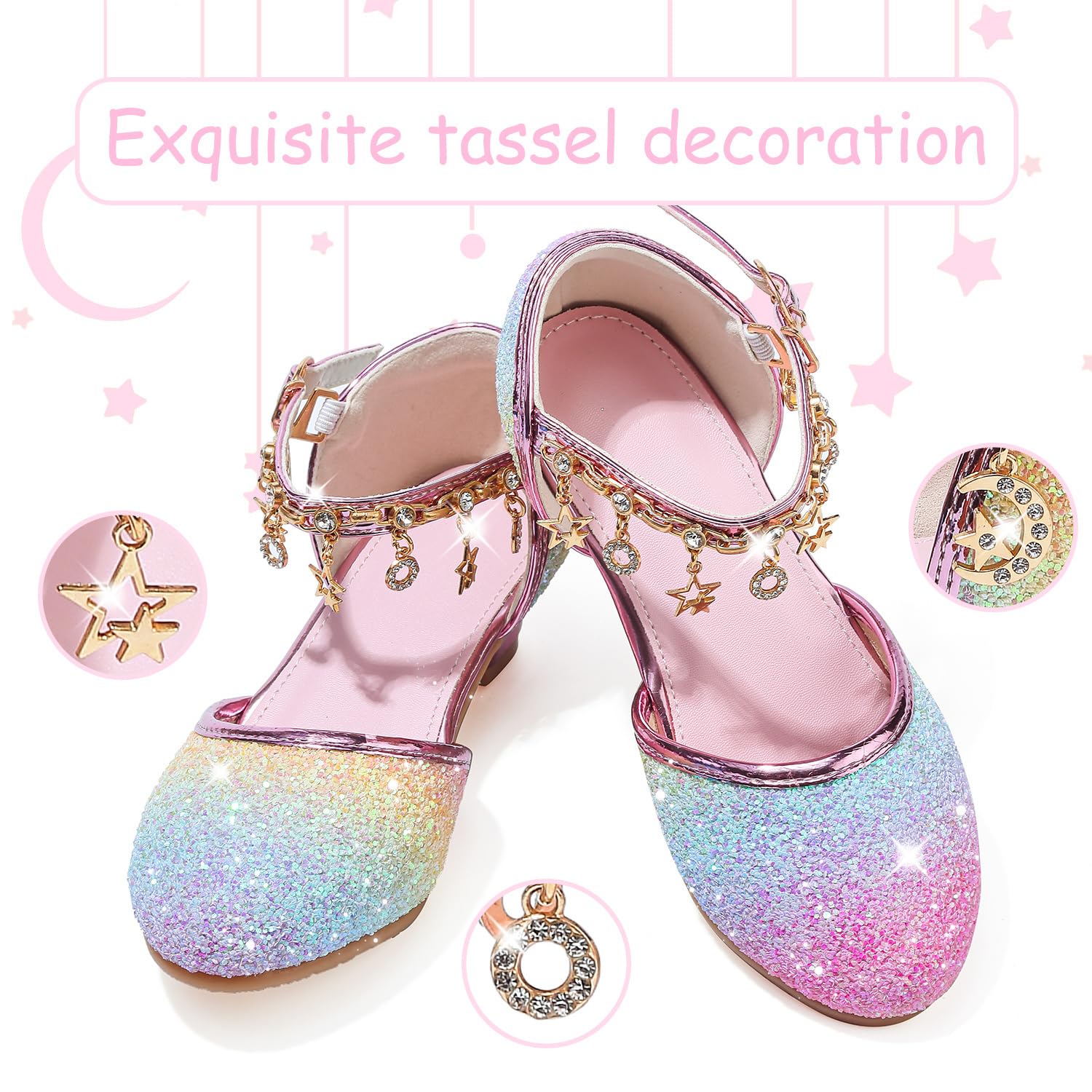 Chaussure Princesse Fille Paillettes Déguisement Talon Haut Cosplay Mariage Noël Anniversaire Cérémonie Fête Danseuses Ballerines Sandale Crystal Bling - 4