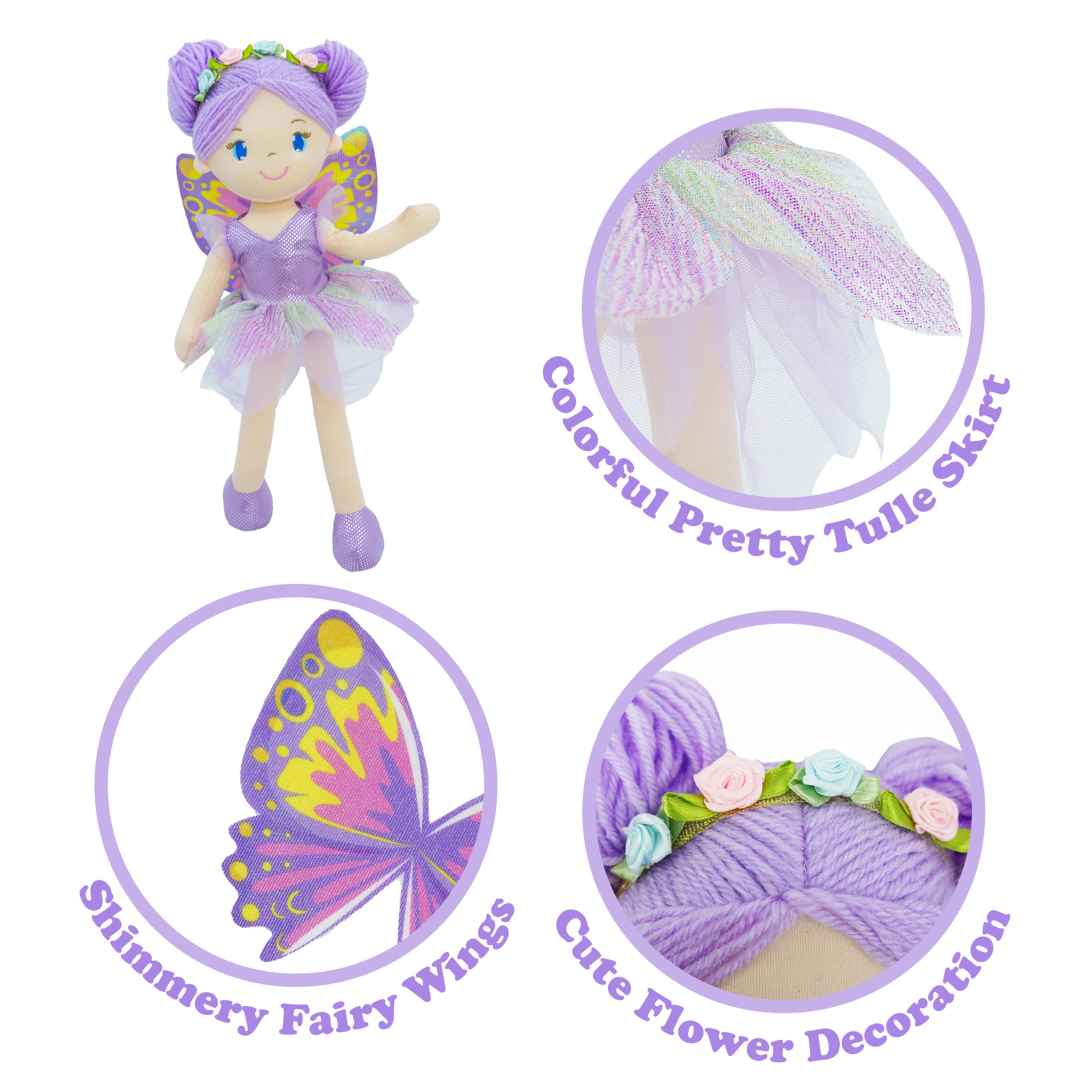 Lullaberry 40cm Enchanted Fairy Doll Yaritza - Plush Stuffed Soft Doll Girl Gift - Purple Outfit and Wings - Image 3