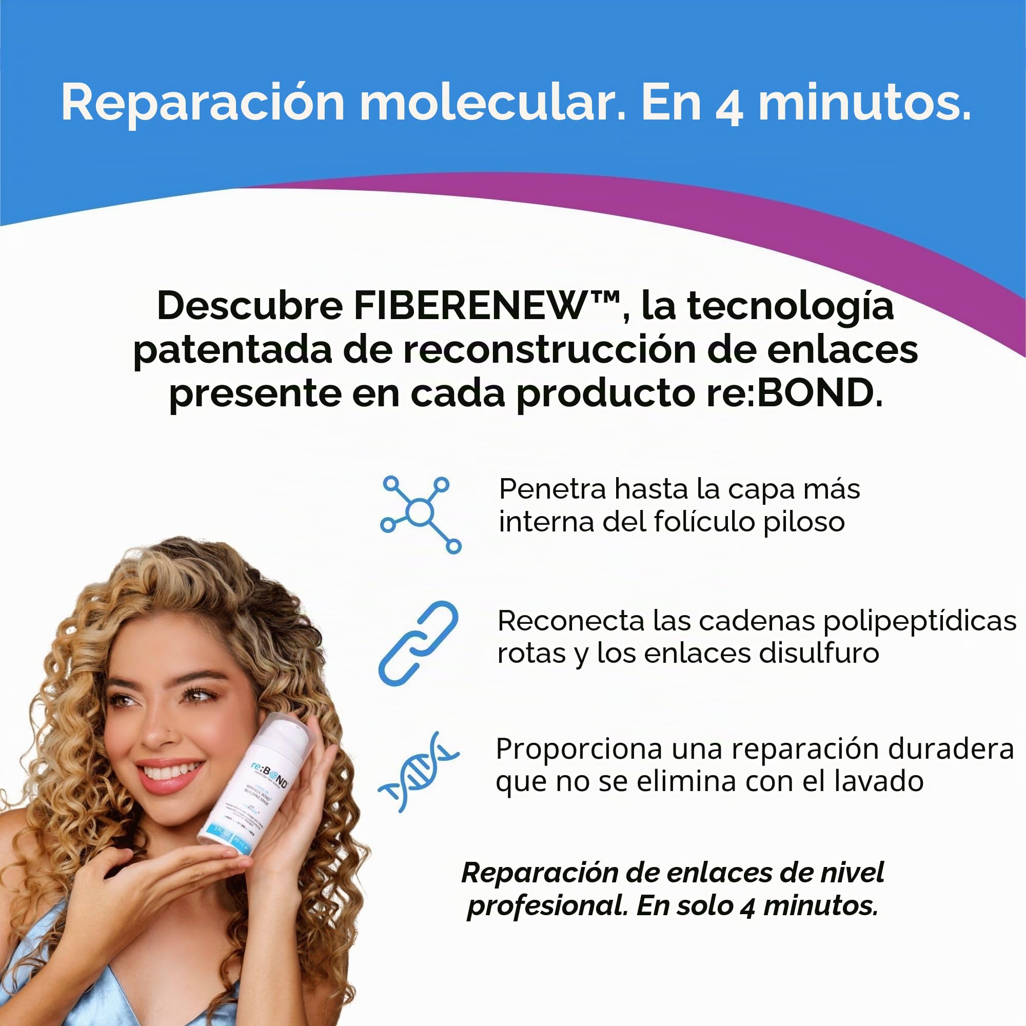 reBOND Molecular Hair Science - Máscara de construcción de unión milagrosa sin enjuague, tratamiento de reparación de 4 minutos, acondicionamiento profundo para cabello dañado, seco, teñido, rizado