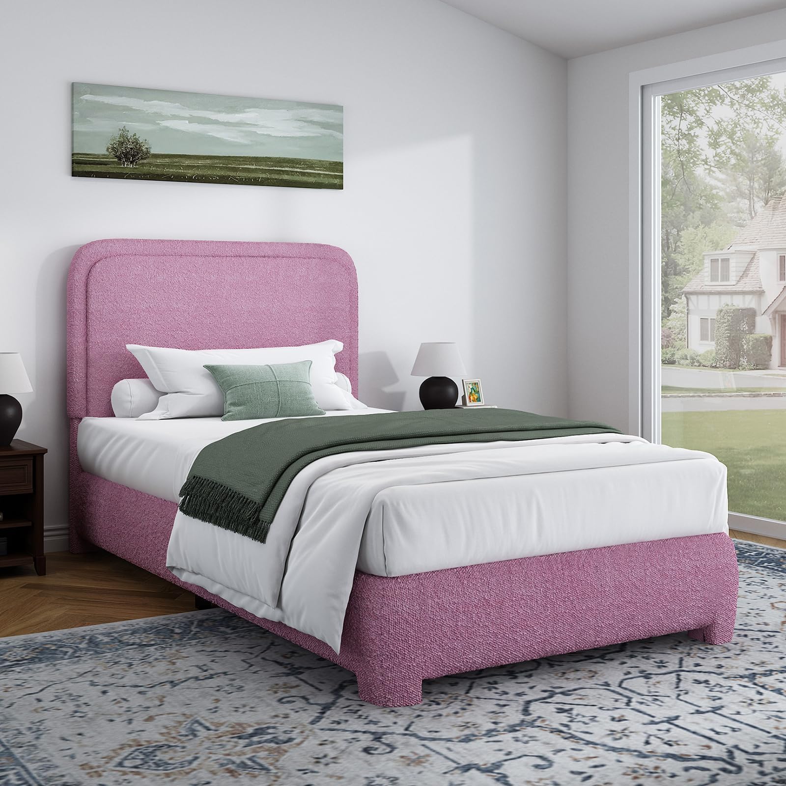 BarnFurin Twin Bed Frame, Cloud Boucle Headboard, Low Profile, Rose Pink