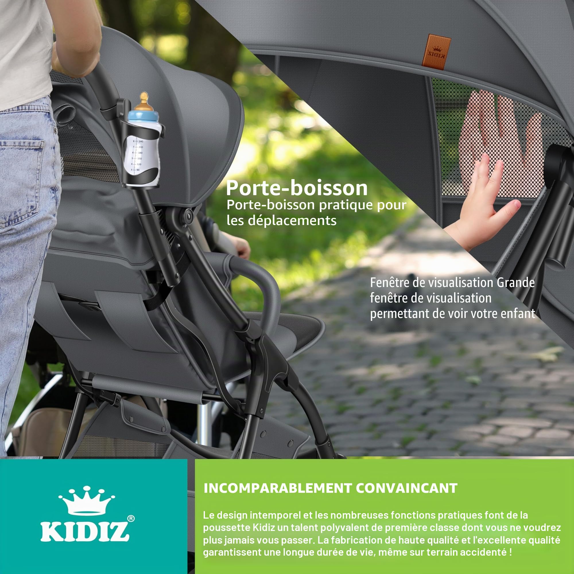 KIDIZ® Poussette Premium Pliable 360°Roues Harnais 5 Points Incl. Porte-boisson & Housse de pluie, Dossier réglable & Capote pare-soleil, Anthracite