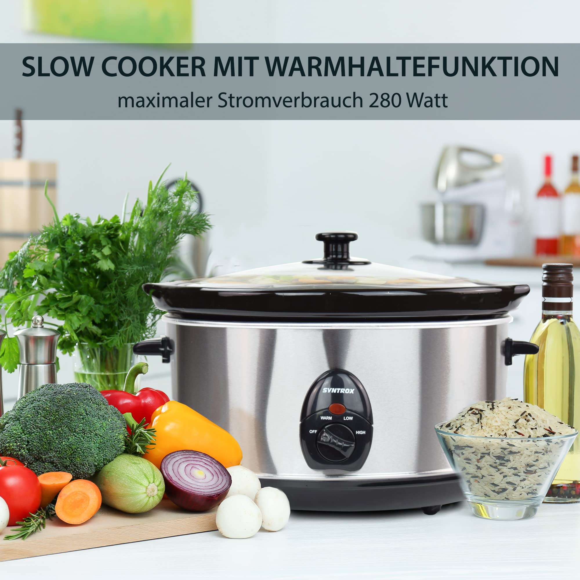 Syntrox Germany Slow Chef SC-450M_Deli Cooker Schongarer 4,5 Liter mit Warmhaltefunktion, Glasdeckel und robuster Keramikschüssel 280 Watt, Edelstahl