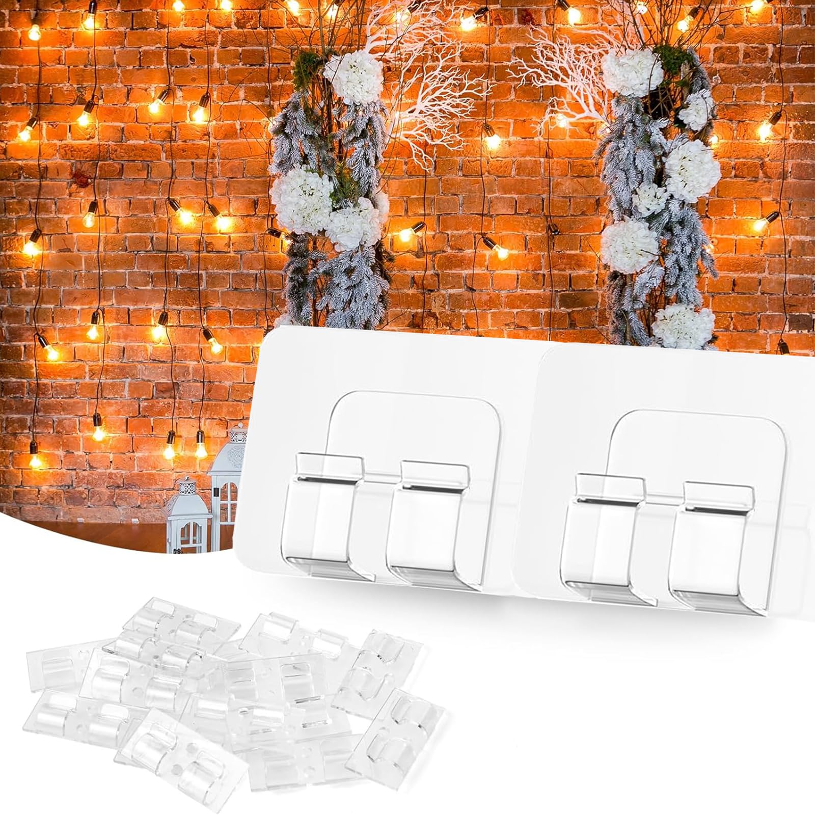 cyindzchwy Hooks for Outdoor String Lights Clips, 20Pcs Heavy Duty Light Hook with Adhesive Strips, Outside Clear Cord Holders for Hanging Christmas Halloween Lighting, Patio Decor