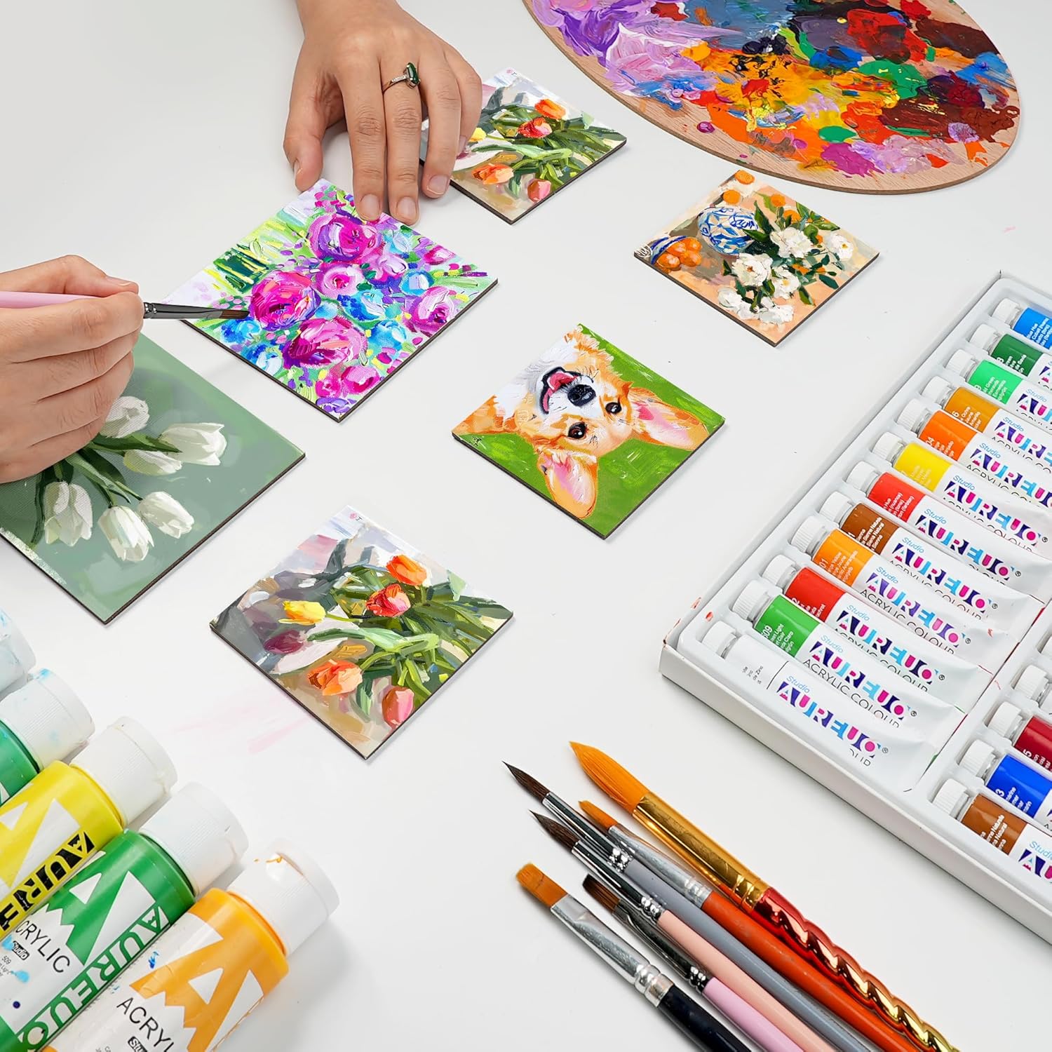 AUREUO Mini Magnetic Canvas Panel 2.5x2.5 Inch / 24 Pack - Small Square Flat Canvas Board with Magnet Back Art Gift Set Bulk Pack Tiny Thin Canvases for Valentine Painting & Craft - Image 7