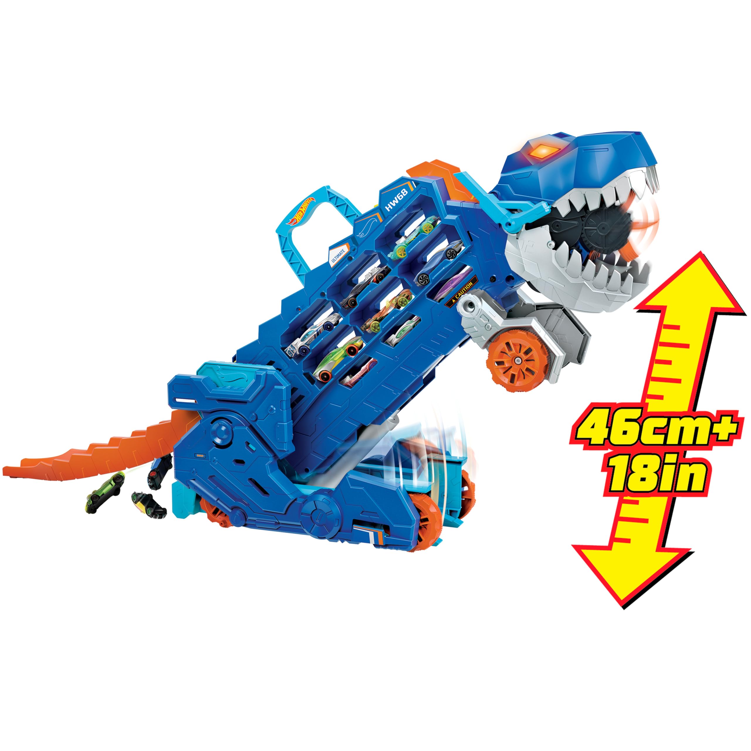 Hot Wheels Let's Race Netflix Transporter zu T-Rex Autorennbahn mit Beleuchtung und Geräuschen, inkl. 2 Spielzeugautos, Platz für 20 Autos, ab 4 Jahre HNG50