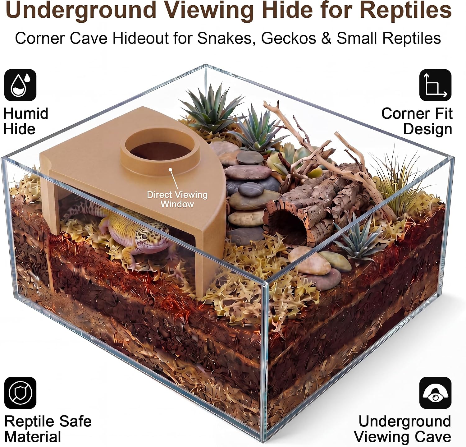Leopard Gecko Tank Accessories-Reptile Corner Underground Cave Viewing Hide | Leopard Gecko, Snake Hide Geckos Tank Accessories for Climbing, Shedding & Enrichment,Maximize Tank Space with Corner Design