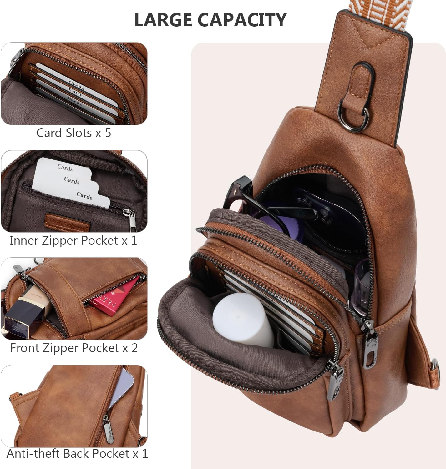 Anti-theft Sling Bag for Women, Crossbody Chest Bags, PU Leather Small Fanny Pack with Adjustable Strap, Brown - Image 7