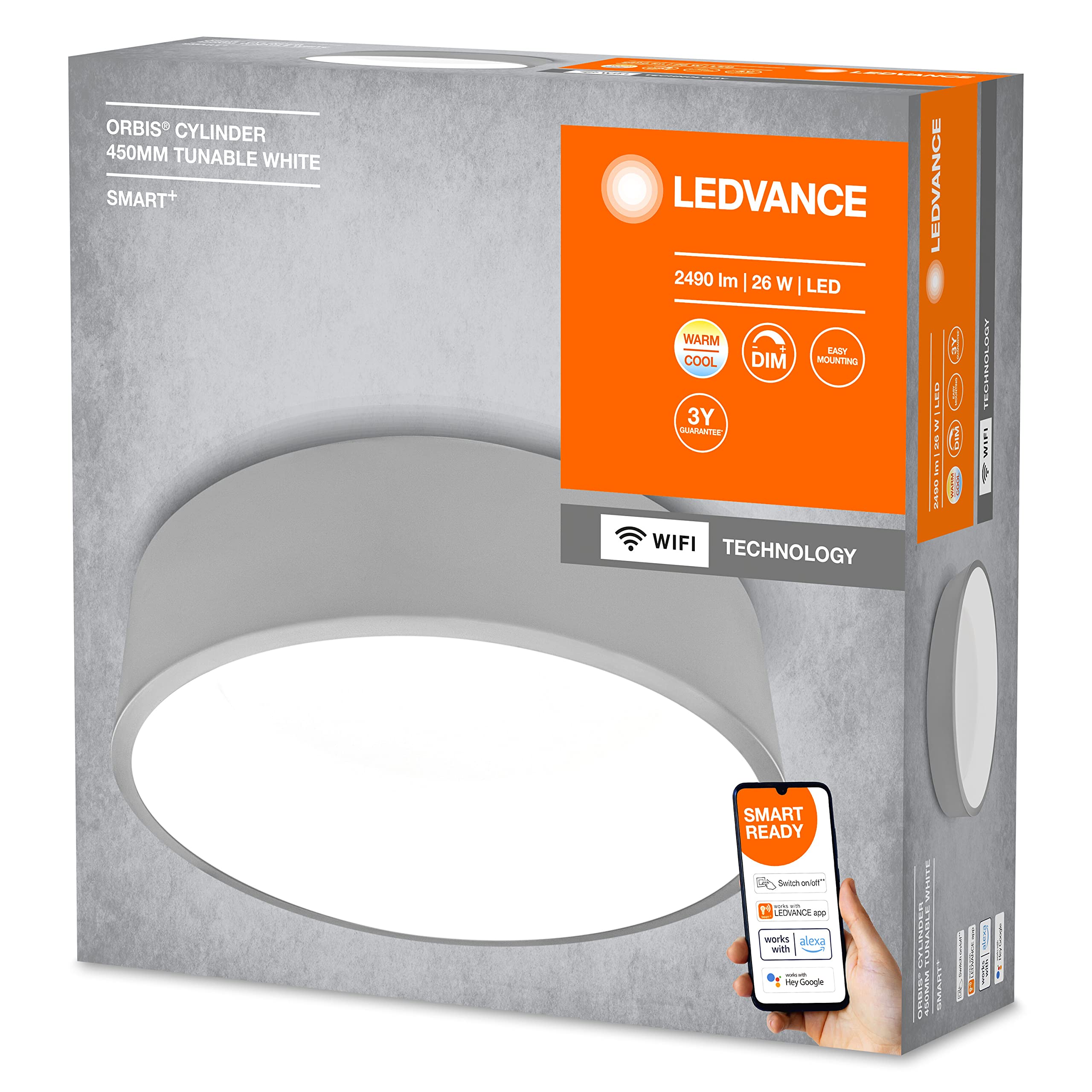 LEDVANCE Applique e plafoniera LED intelligente per interni con tecnologia WiFi, colore della luce variabile (3000K-6500K), grigio, 450 mm, compatibile con Google e Alexa, SMART+ WIFI ORBIS CYL