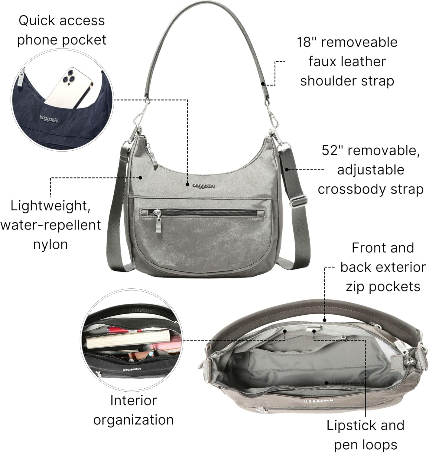 Baggallini Modern Pocket Half Moon 11"x10.5" Shoulder Women W/Replaceable Straps Converts to Crossbody Bag - Image 3
