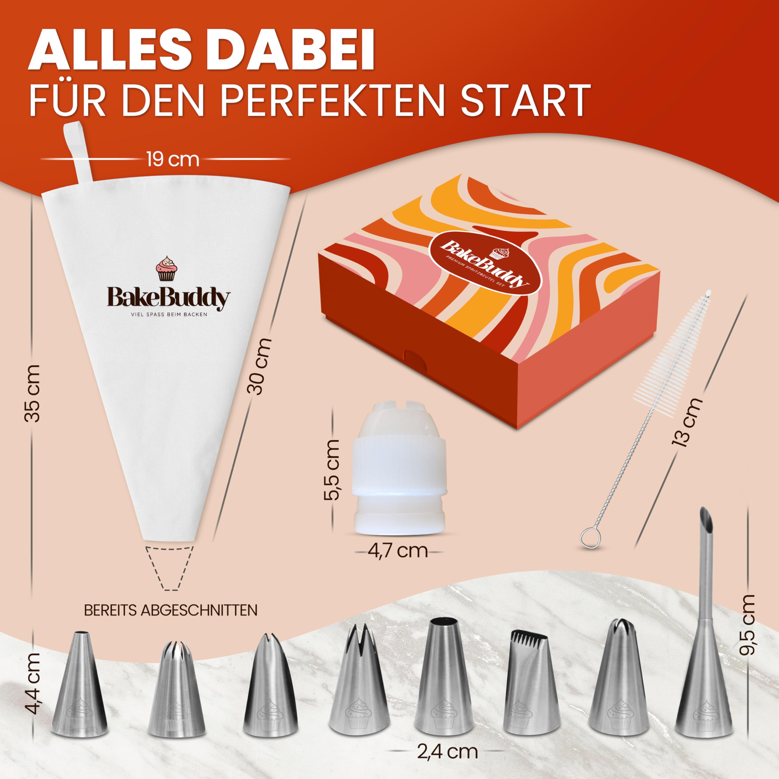 Premium Spritzbeutel Set (11-teilig) - 35cm Baumwolle Spritzbeutel mit Tüllen aus Edelstahl zum Dekorieren von Torten, wiederverwendbar und spülmaschinenfest, inkl. Adapter & Geschenkbox