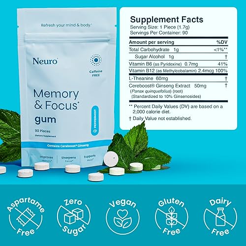 Miniatura 3 de Neuro Memory & Focus Gum - Goma de mascar nootrópica con vitamina B12, vitamina B6, L-teanina y extracto de ginseng, suplemento natural de apoyo