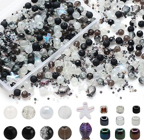 760 cuentas de vidrio surtidas para hacer joyas, de color blanco a negro, mezcla de cuentas de cristal para hacer pulseras con cuentas de semillas