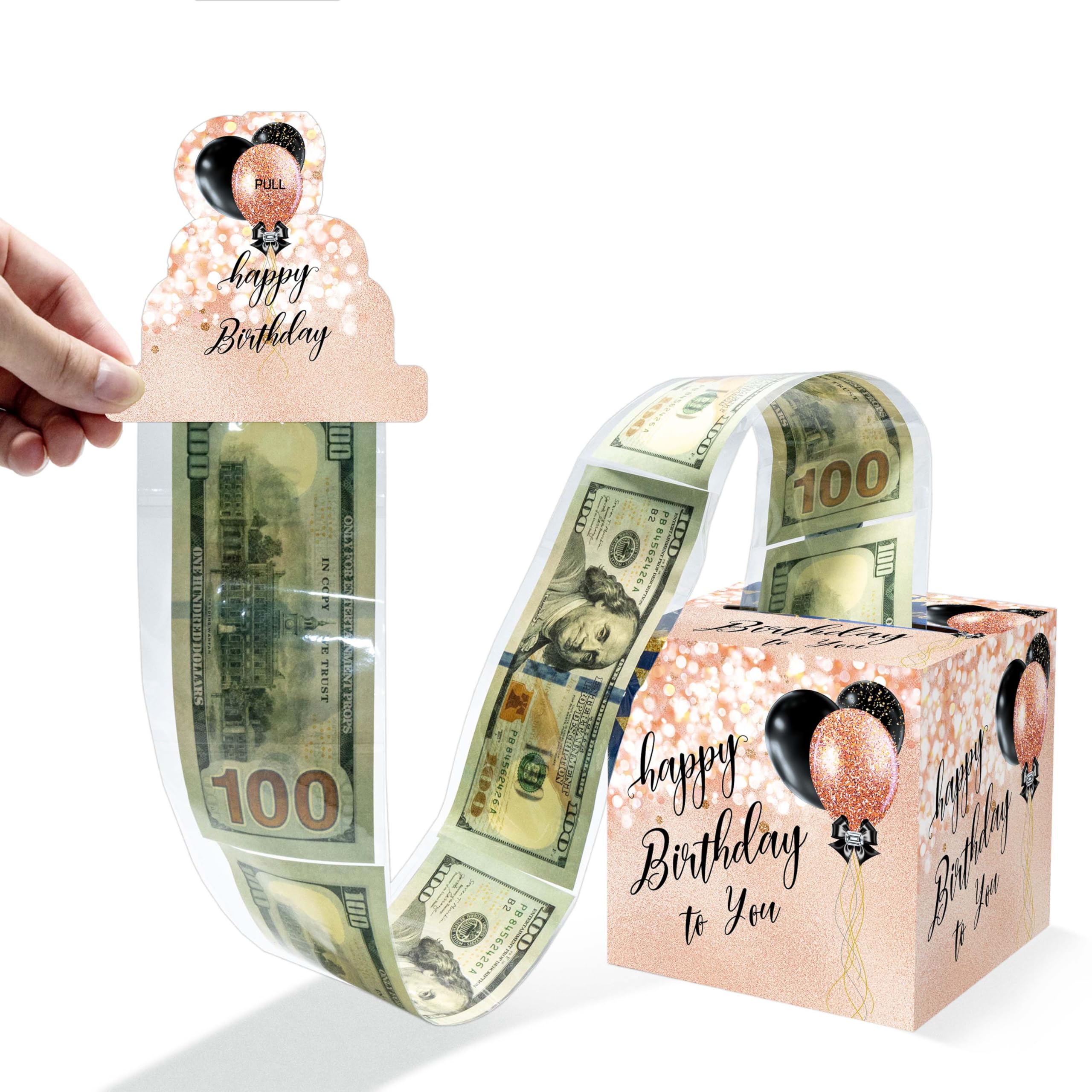 Money Surprise Box for Cash Birthday,Happy Birthday Money Box, Rose Gold Glitter Birthdays Moneys Pull Box with Pull Card and 50 OPP Bags,Moneys Gift Boxes for Cash,Birthdays Gift Boxs