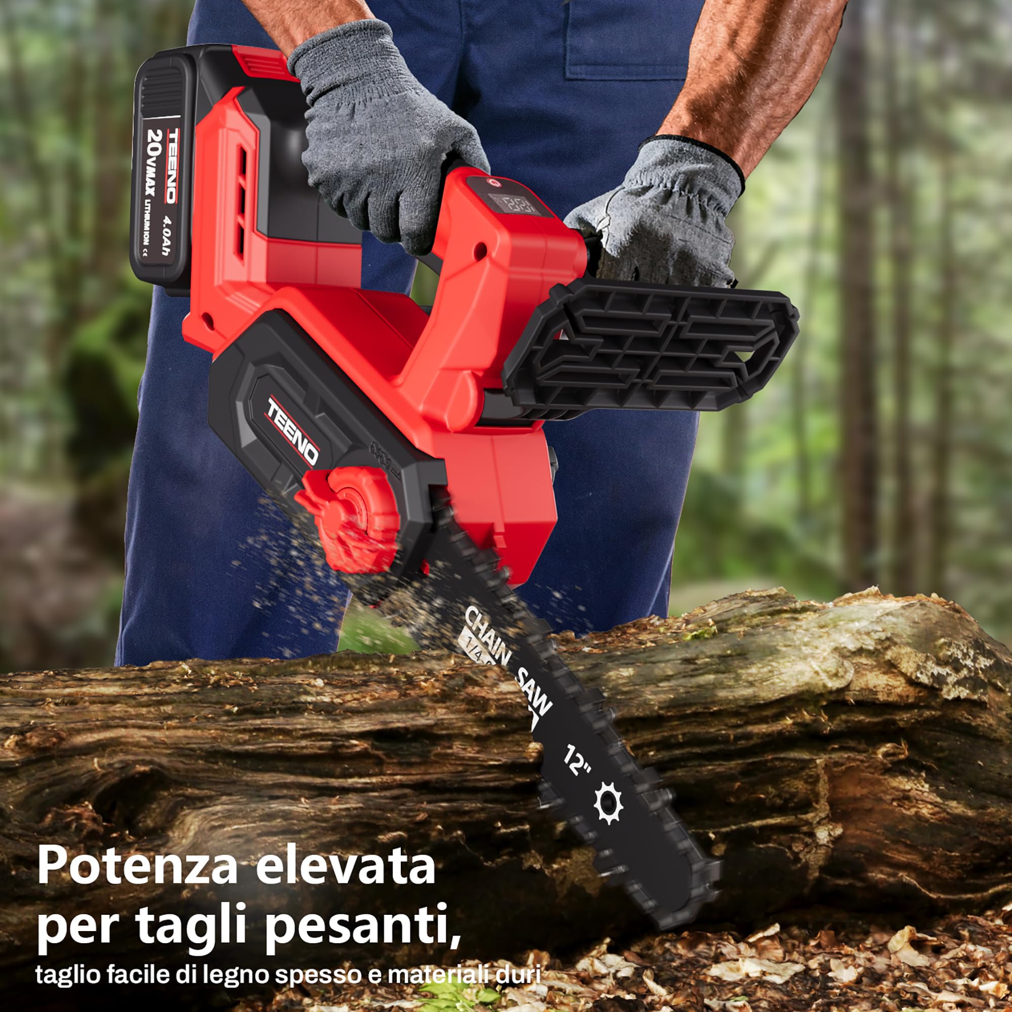 Motosega a Batteria 12 Pollici, 1200W Brushless Motosega Elettrica Senza Fili con 2 Batterie 4.0Ah e Caricatore, Serbatoio Olio 120ml, Tensione Catena Senza Utensili, Potatura Alberi e Taglio Legna