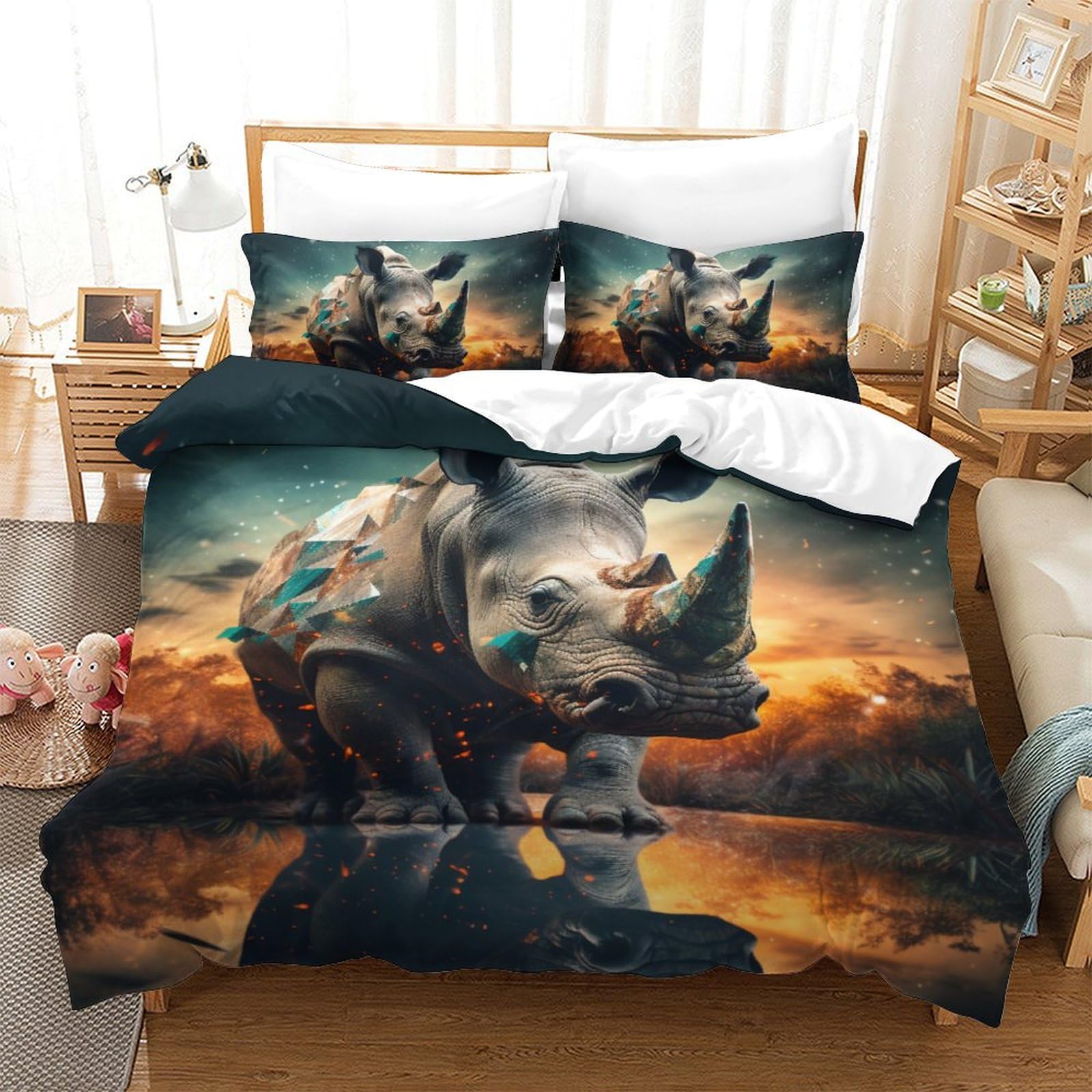 Parure housse de couette rhinocéros 3 pièces lit double 200x200cm