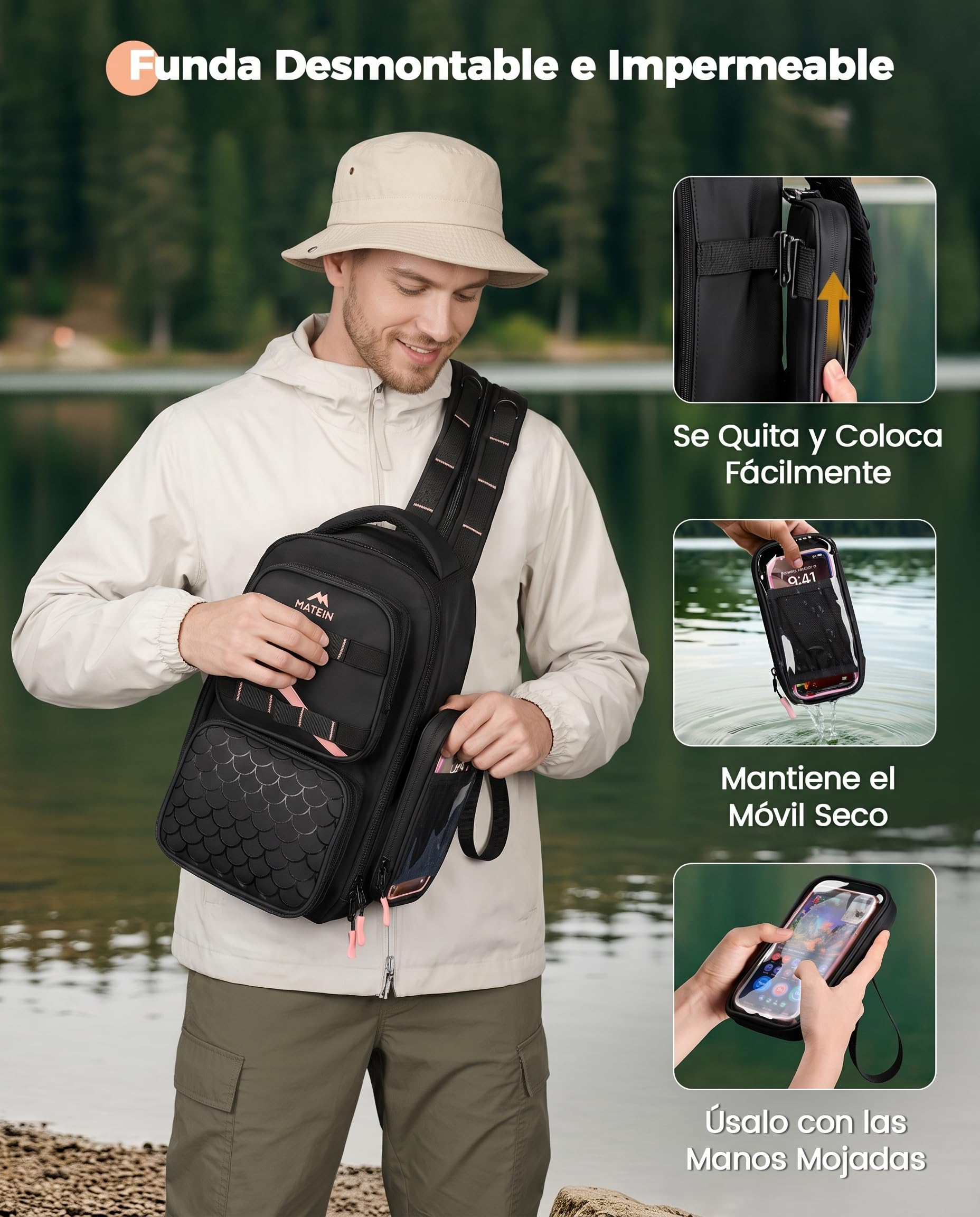 MATEIN Mochila Pesca con Soporte para Caña y Funda para Móvil, Negro