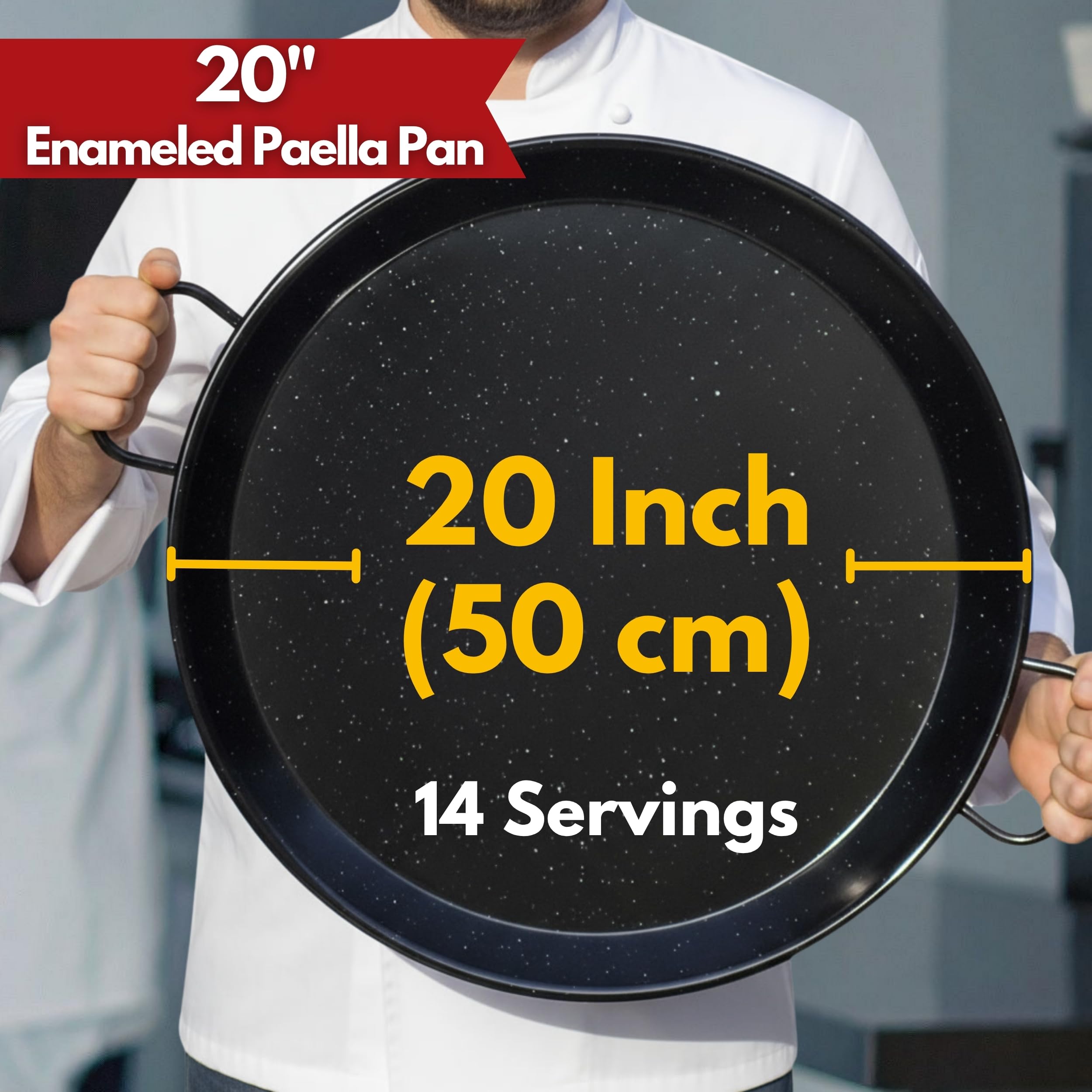 Paelluxe Paellera – Sartén de acero esmaltado, no se oxida, sartén fácil de limpiar para quemadores de propano y gas, cocina en interiores y exteriores, paellera sarten, 20 pulgadas, para 14 porciones