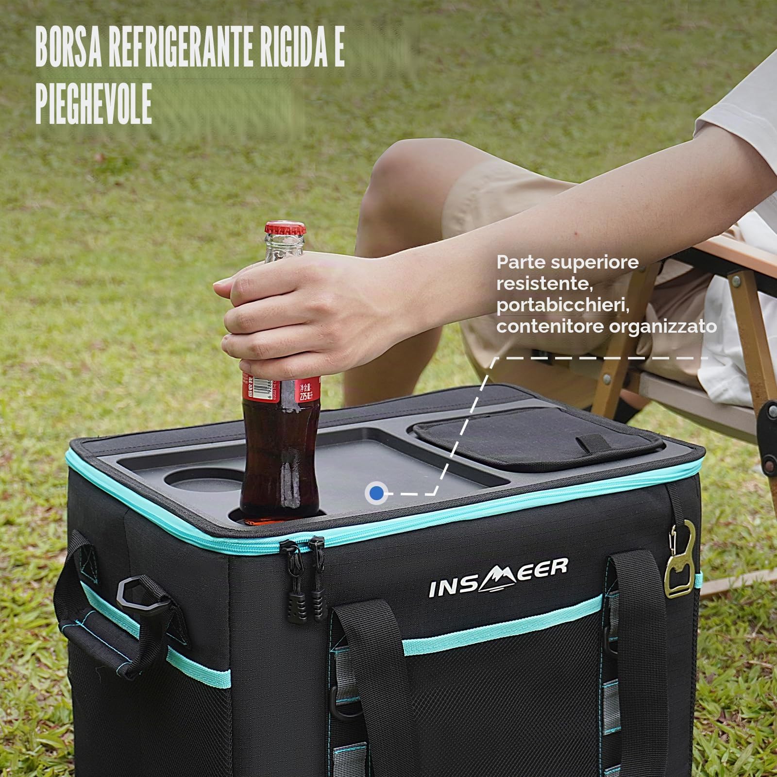 INSMEER Borsa termica con guscio rigido, portatile, 40 l/60 lattine, pieghevole, grande borsa termica isolata con tavolo e apribottiglie, borsa termica per campeggio, picnic, spiaggia