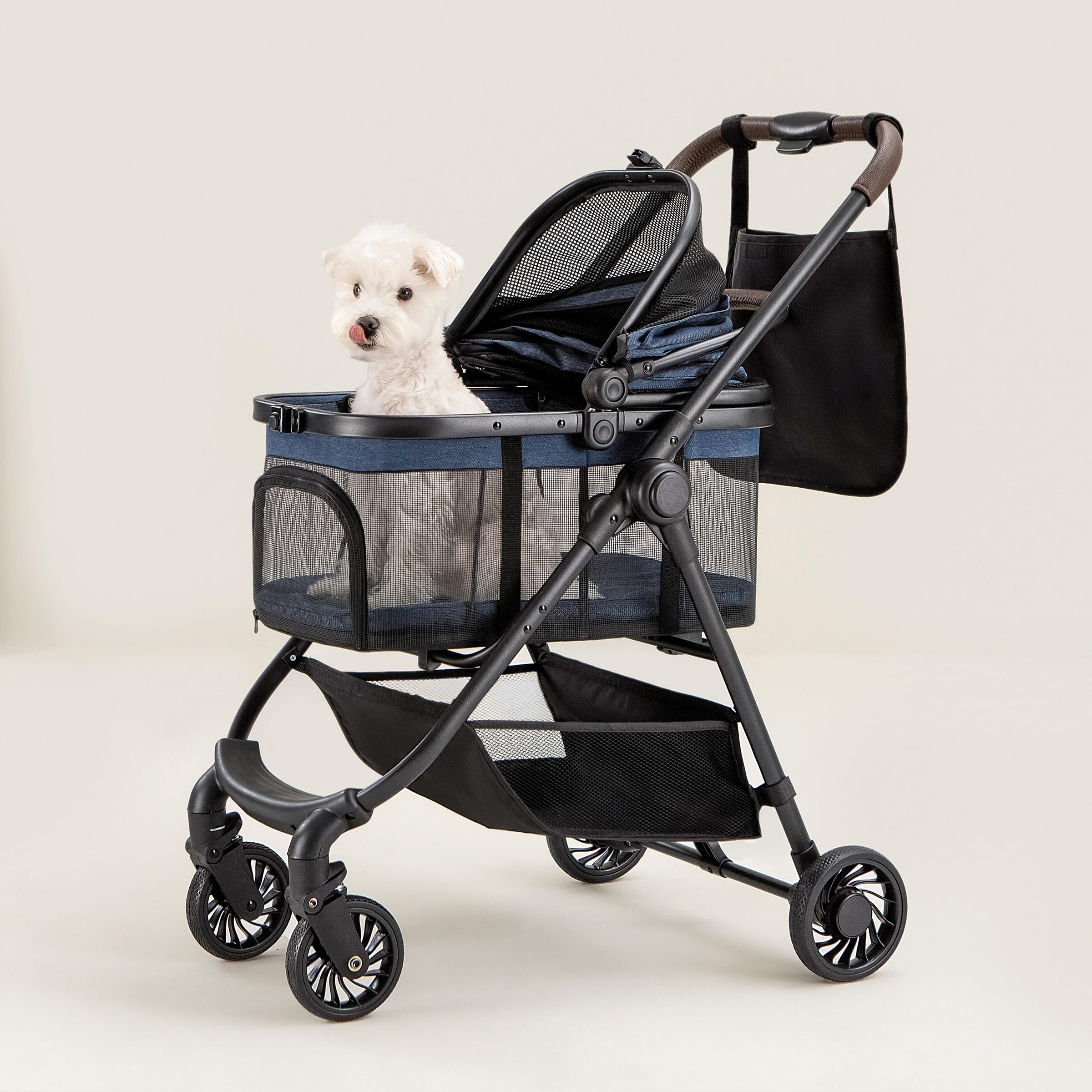 3 in 1 Pet Carrier Stroller with Detachable Carrier, Foldable Dog & Cat Stroller for Small/Medium Dogs up to 33 lbs, Large Storage Bag, Full Window Mesh, One-Touch Dual Brake, Car Seat