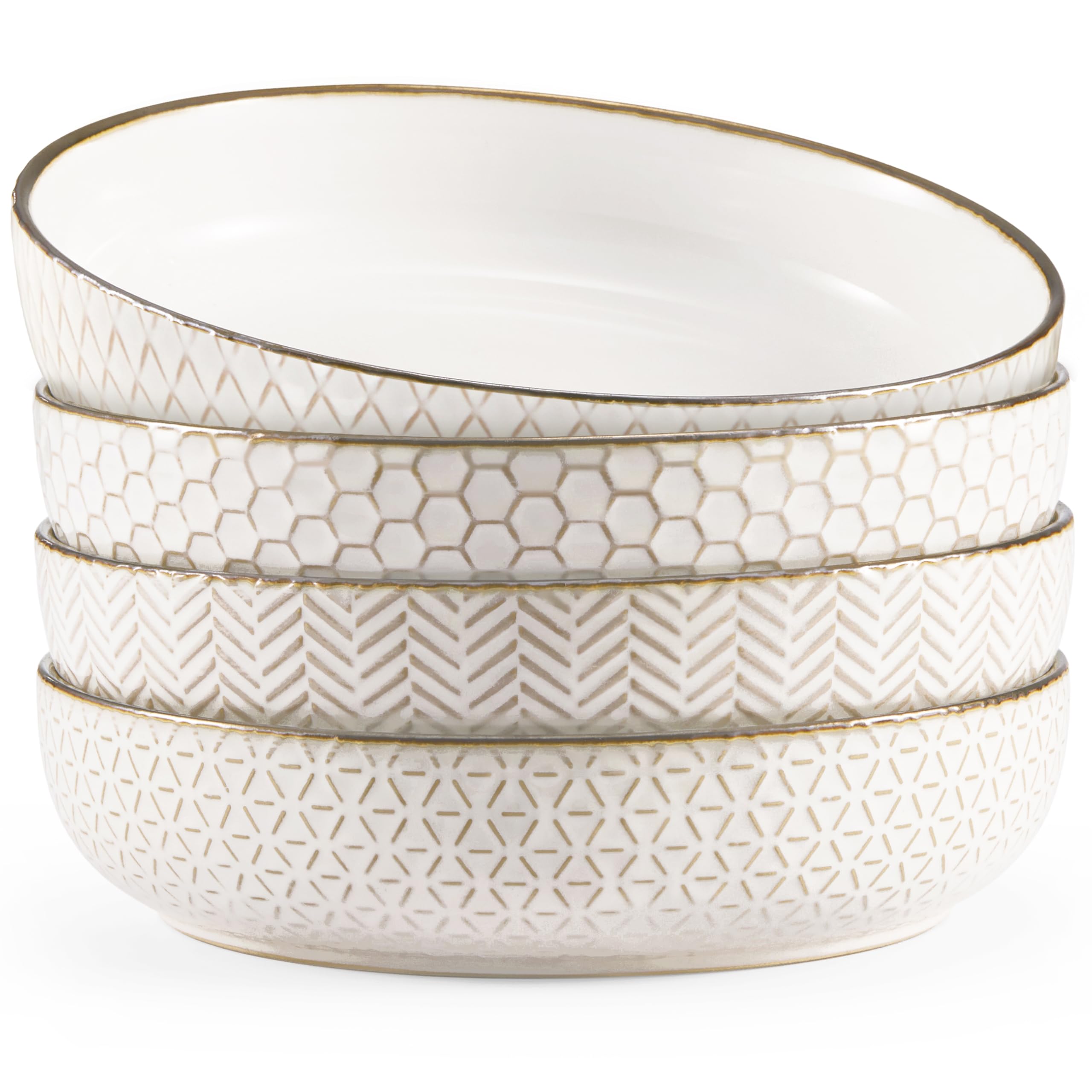 KooK Pasta Bowls, Ceramic, Embossed Serving Bowls for Stews and Salads, Large Capacity, Microwave & Dishwasher Safe, Ivory with Dark Copper Accents, Set of 4, 40 oz, Narbonne Collection