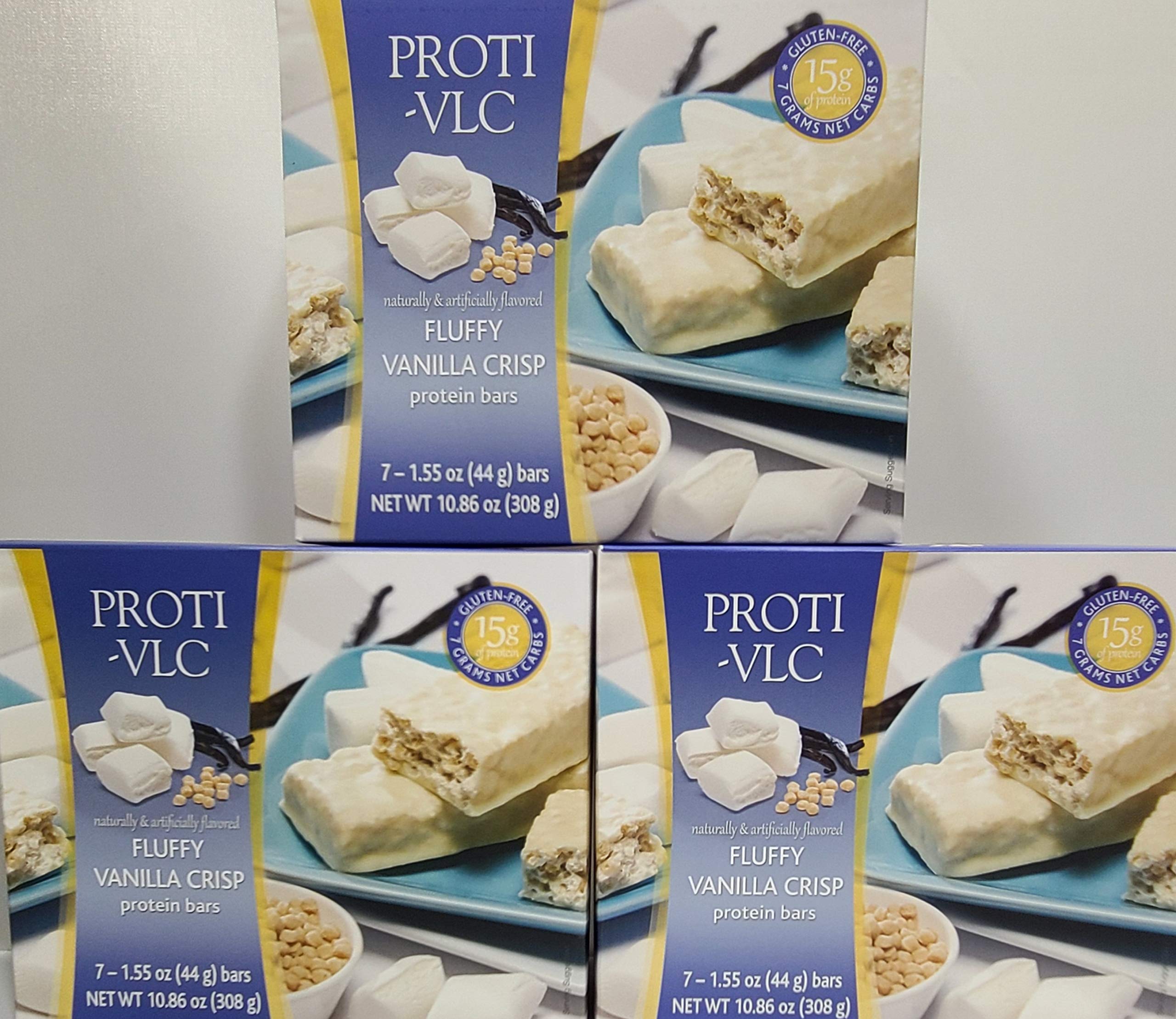 Paquete económico de 3 cajas (21 porciones) Proti Fit VLC - Barra de proteína dietética baja en carbohidratos, crujiente y esponjosa de vainilla, 15 g - Refrigerio rico en fibra para bajar de peso/barra de proteína post-entrenamiento - Sin gluten