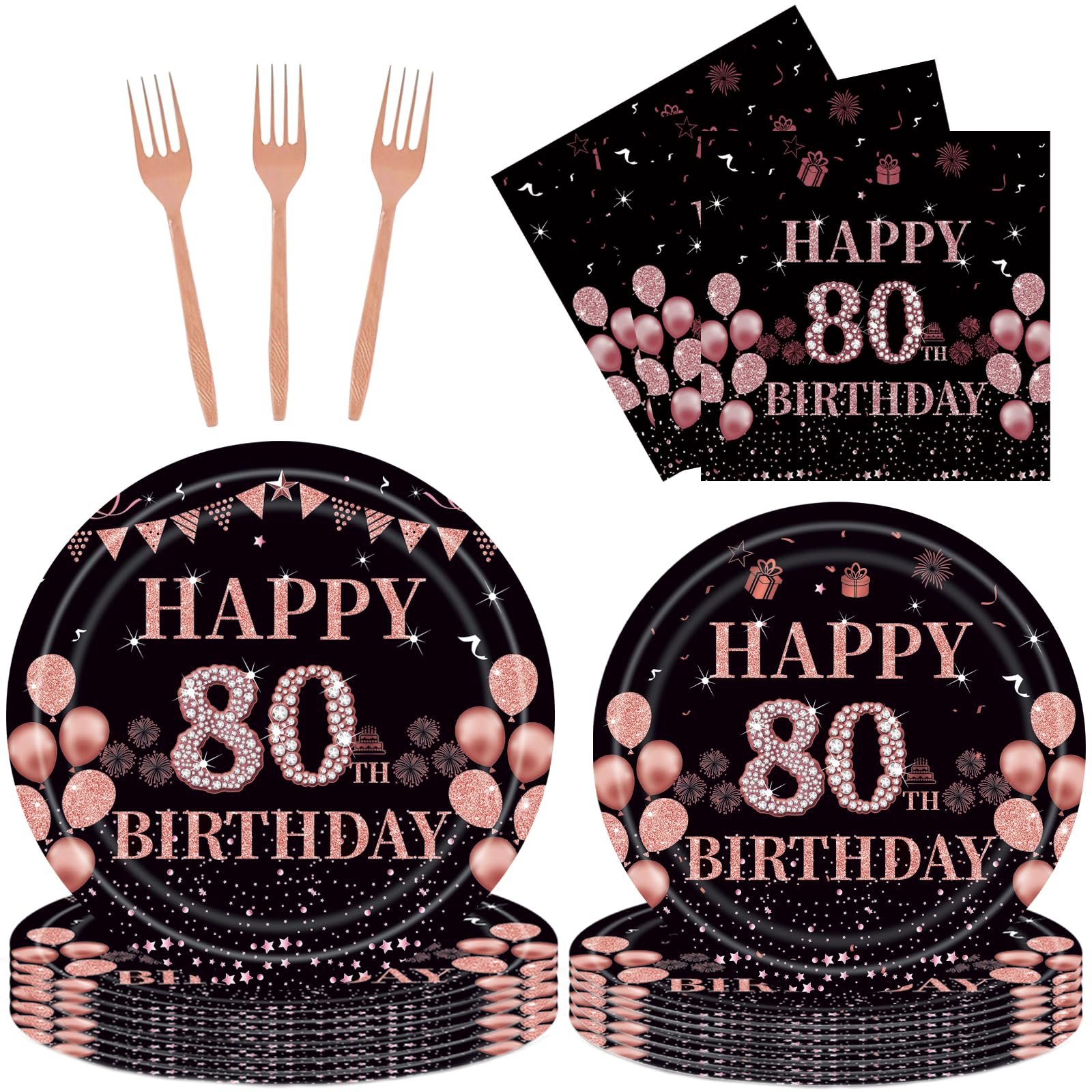 96PCS 80th Birthday Party Plates Set Rose Gold Theme Decorations Include Rose Gold Plates and Napkins Forks for 80 Year Old Women Birthday Party
