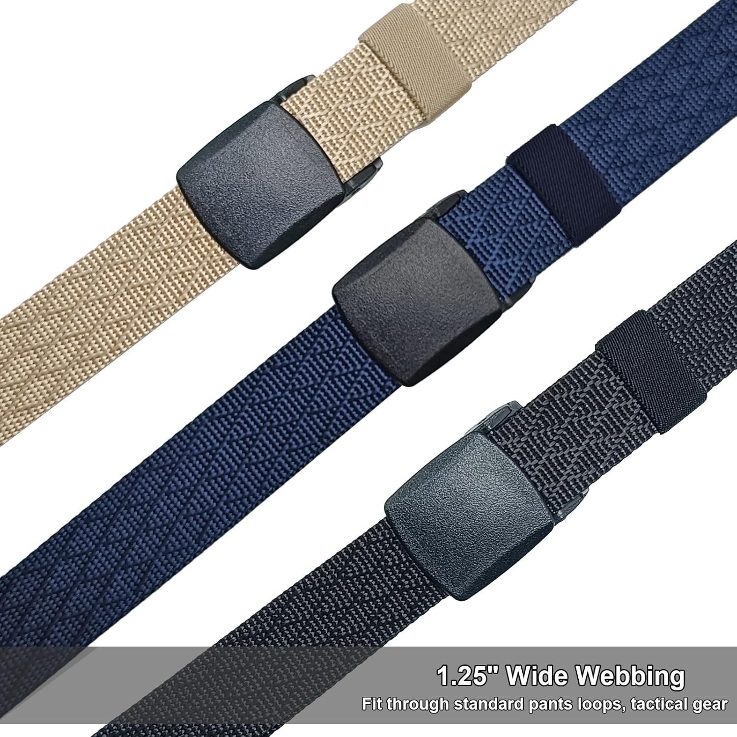3-Pack Military Nylon Belts, 1.25" Wide No Metal Webbing Tactical Web Belt, TSA-Friendly Belt - Image 2