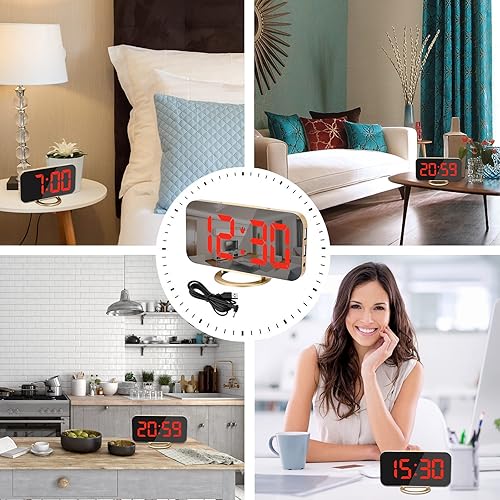Miniatura 6 de SZELAM Reloj despertador digital, reloj electrónico LED y espejo de 6.5 pulgadas, con puertos USB duales, respaldo de batería, atenuador automático,