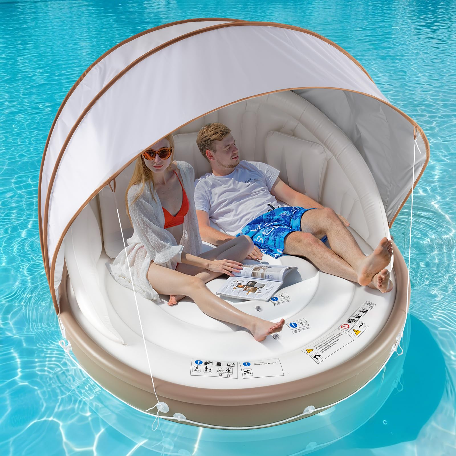 Moccha Inflatable Island with Canopy - 440 lbs Party Floats with SPF50+ Retractable Detachable Sunshade & 3 Pillows, 2-3 Person Tanning Lounger, 73'' Pool Daybed, Floating Island for Lake