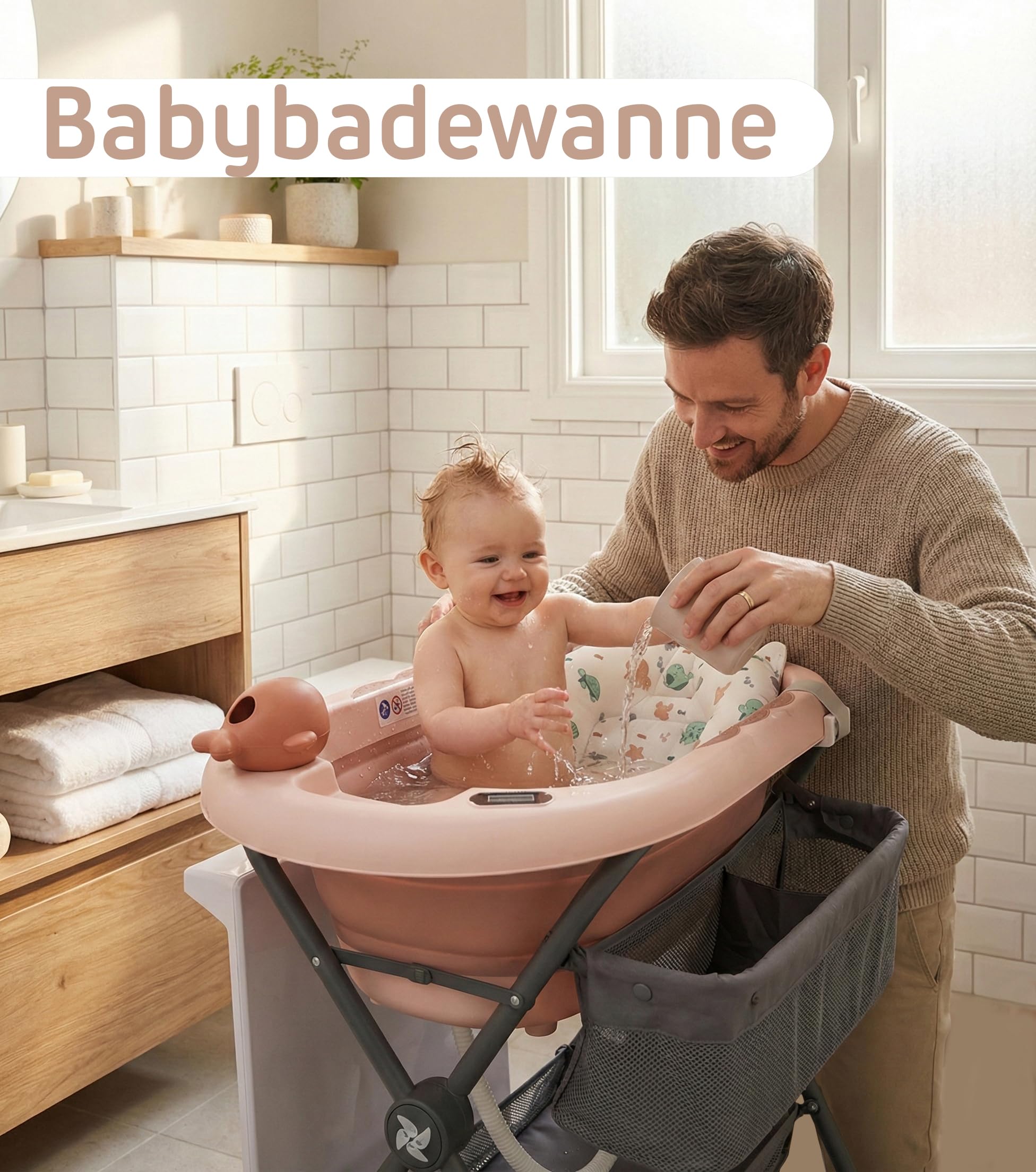 Twinly Bubbly – Faltbare 2-in-1-Baby-Badewanne – Ergonomisch verstellbare Höhe, abnehmbare Badewanne für Strand und Reisen, stabiler Stand mit Ablauf, ideal für kleine Badezimmer (Rosa)