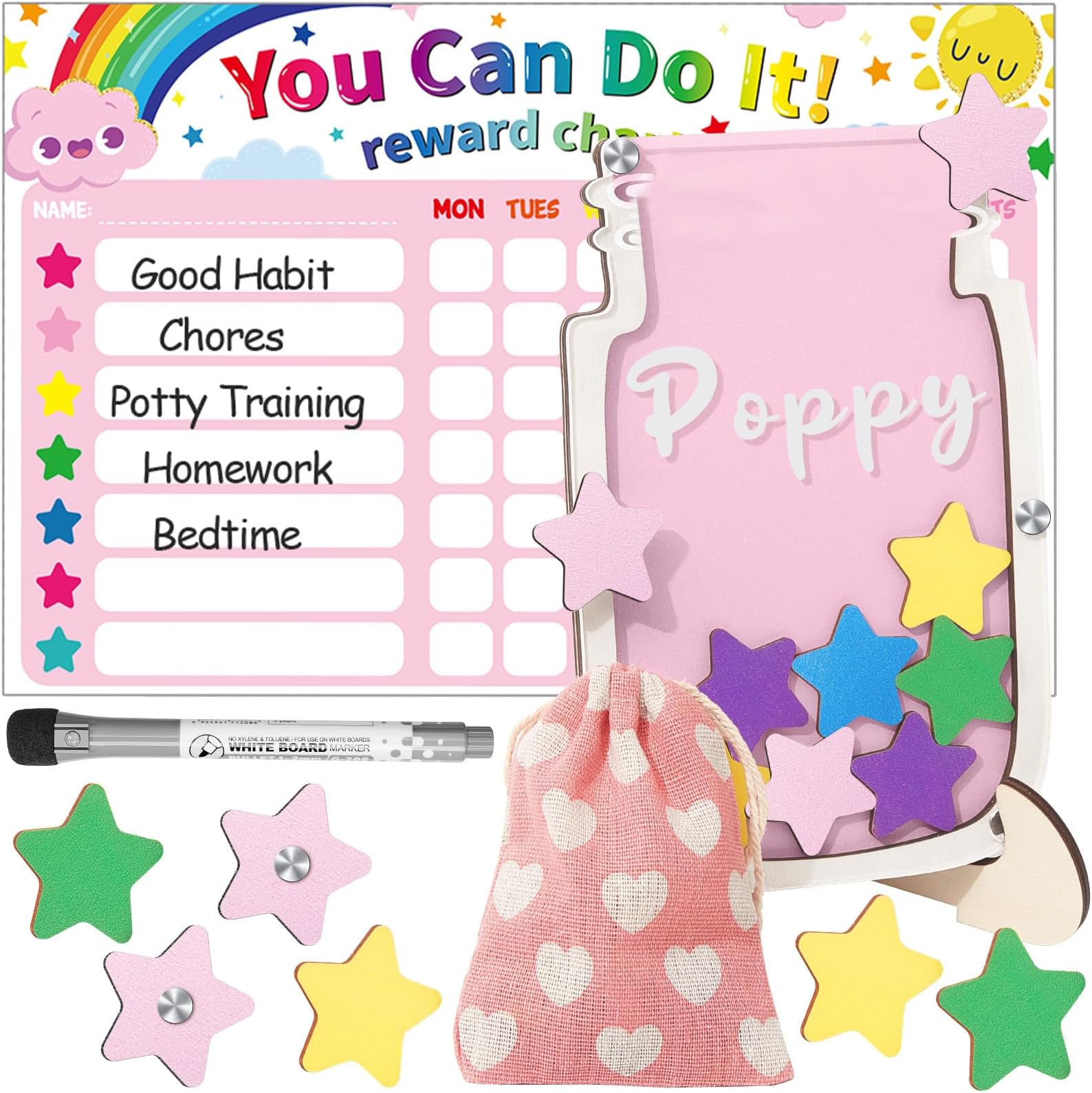 Magnetic Reward Jar & Chore Chart for Kids - Potty Training & Classroom Management Tools - Magnetic Behavior Chart for Toddlers (Pink)