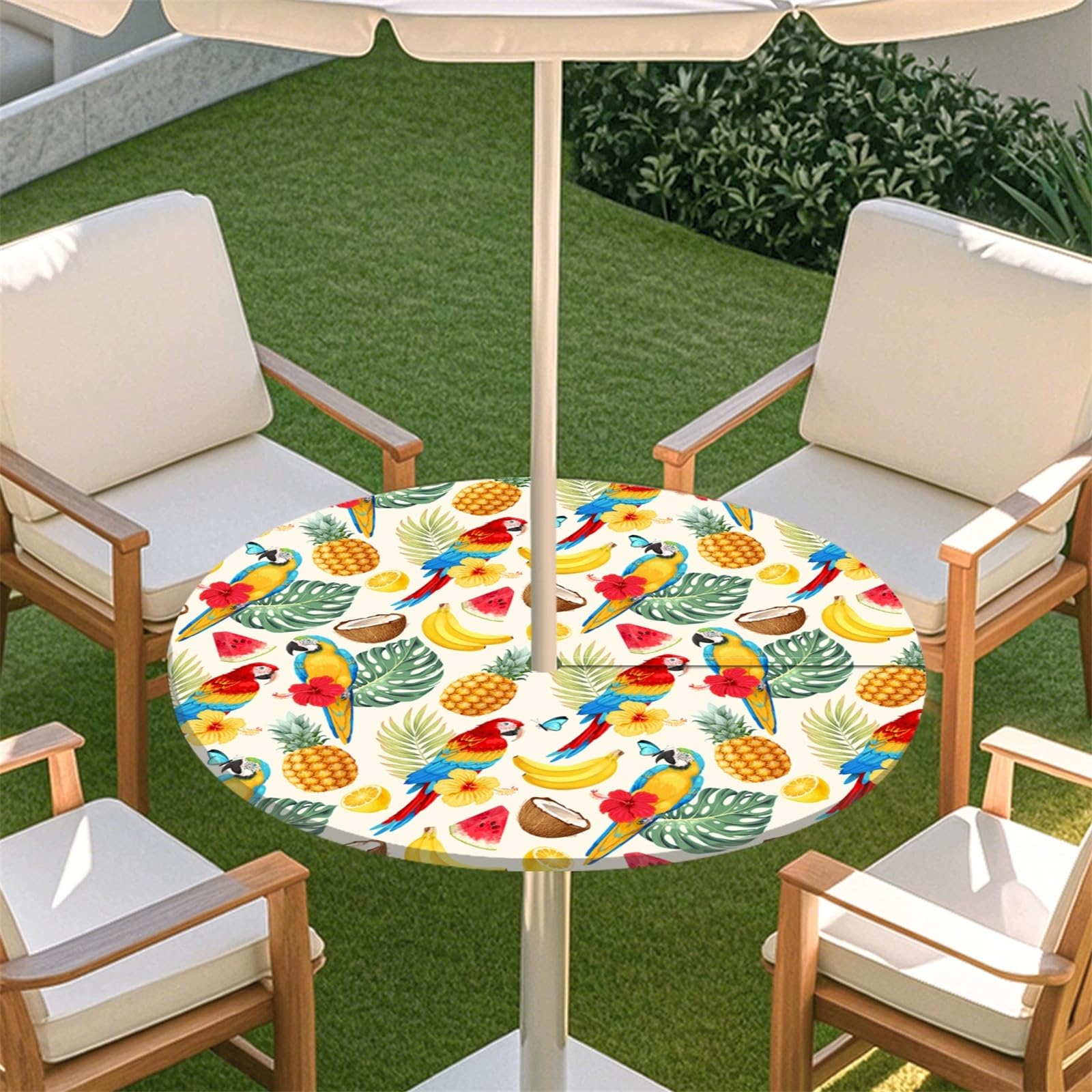 Muiuou Elastic Edge Fitted Round Tablecloth Protector Waterproof Outdoor Circle Tablecloth with Parasol Hole and Zipper, Wipe Clean Table Cover for Garden BBQ Party (Style 9,S(31-35inch))