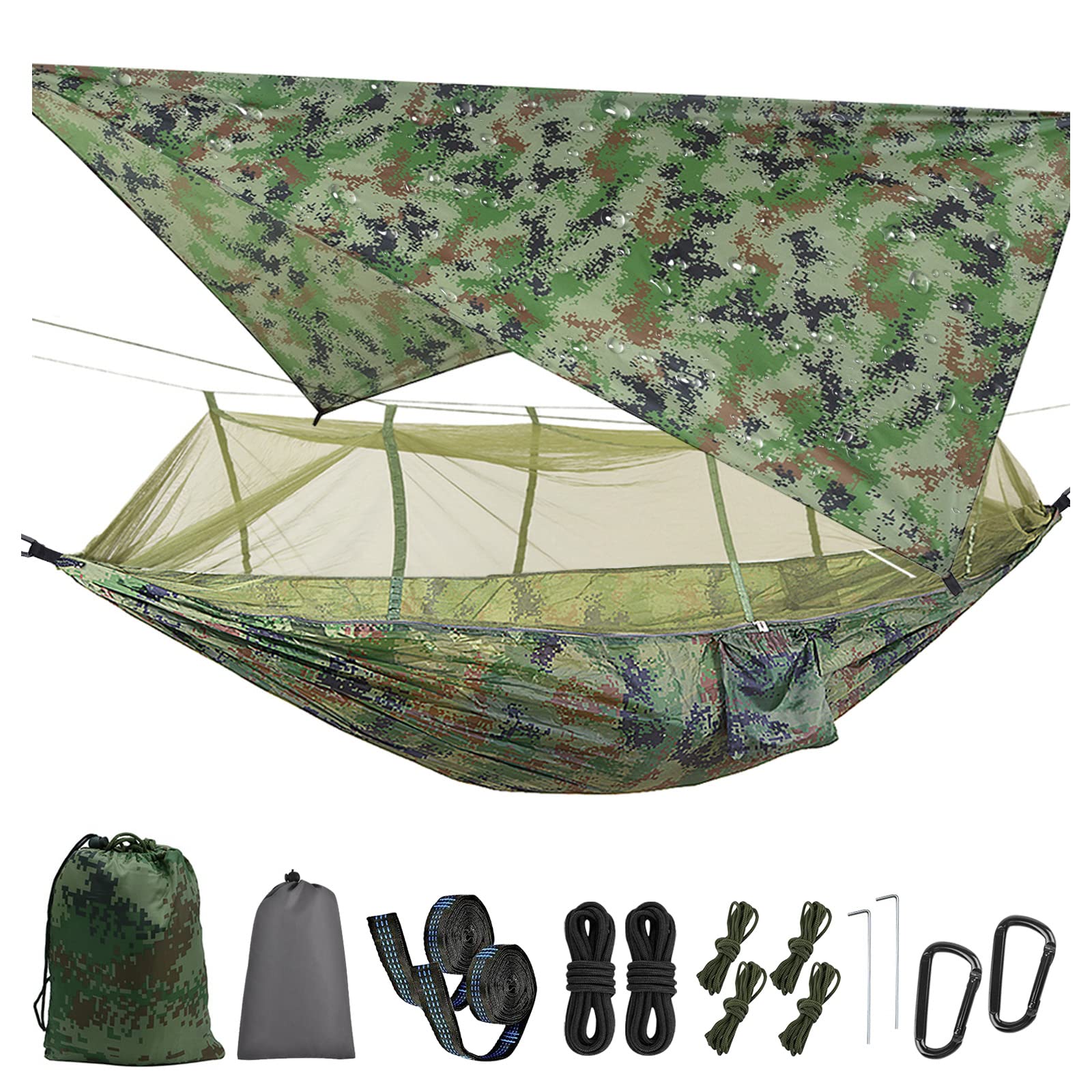 TOPCHANCES Hamac de Camping ultraléger Portable en Nylon avec moustiquaire, Sangles d'arbre et bâche de Pluie pour hamac en Plein air