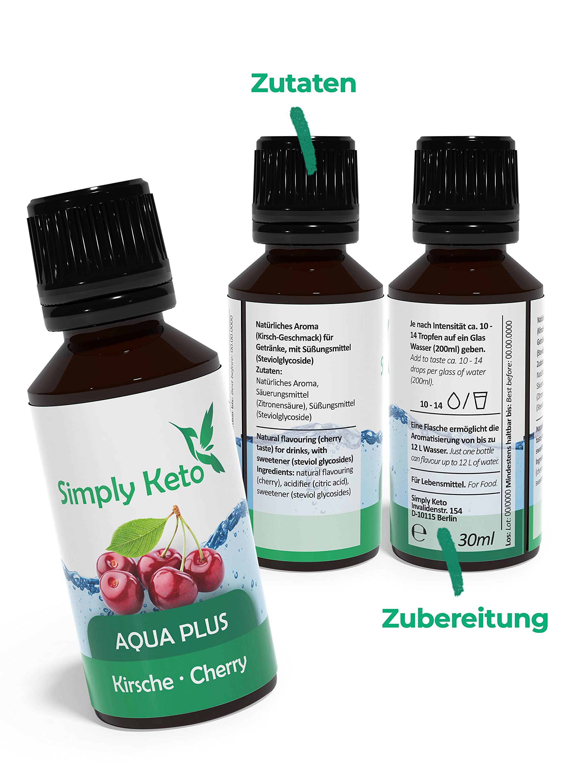 Simply Keto Gotas de sabor Aqua Plus (Cereza) 30ml - Gotas de sabor natural sin calorías - Alternativa al jarabe para 12 litros de agua con auténtico sabor - Sin aspartamo ni azúcar