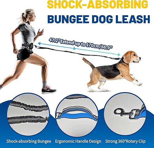 Miniatura 6 de Correa de perro manos libres con bolsa, correa ajustable para correr con soporte para botella de agua, asas acolchadas dobles y elástico retráctil