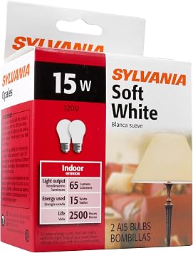 Sylvania 15 Watt Light Bulbs 2 Pack - A15 Incandescent Light Bulbs 15 Watt, Dimmable E26 Medium Base 15W Bulbs, 120V Soft White Warm White