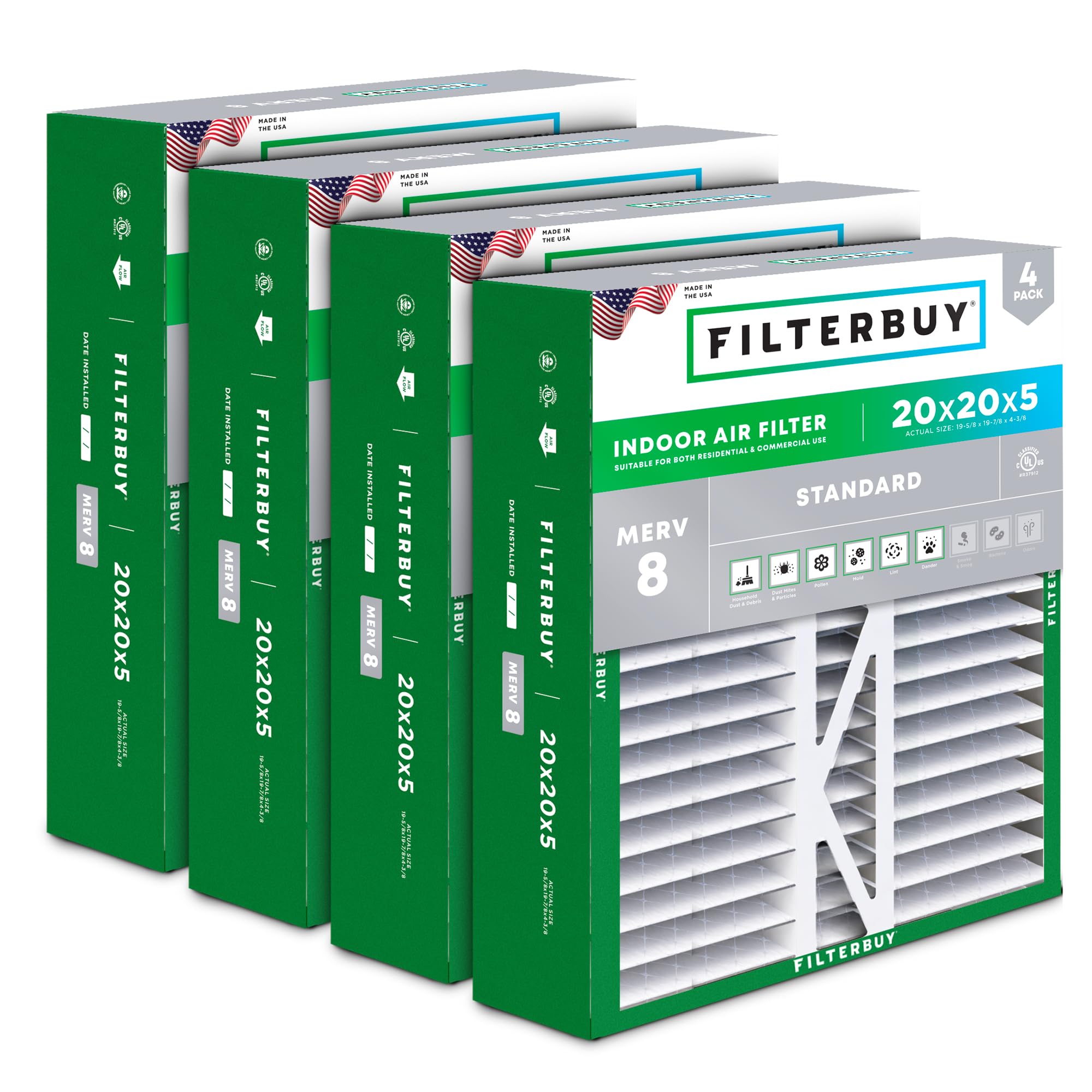 Filterbuy 20x20x5 Air Filter MERV 8 Dust Defense (4-Pack), Pleated HVAC AC Furnace Air Filters Replacement for Honeywell FC100A1011, Lennox X0585 & More (Actual Size: 19.63 x 19.88 x 4.38 Inches)