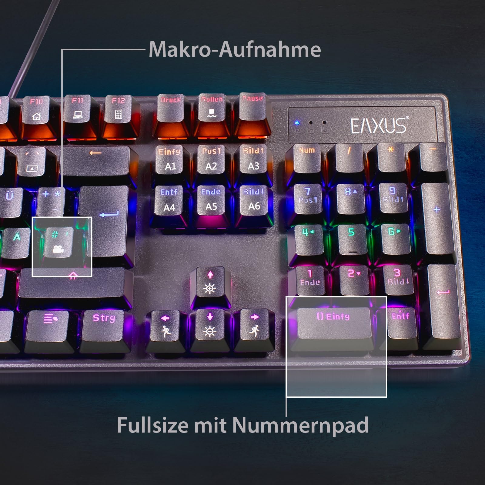Eaxus® Clavier de jeu mécanique - Clavier de jeu LED avec touches macro et commutateurs bleus, taux de polling USB 1000 Hz, QWERTZ, noir