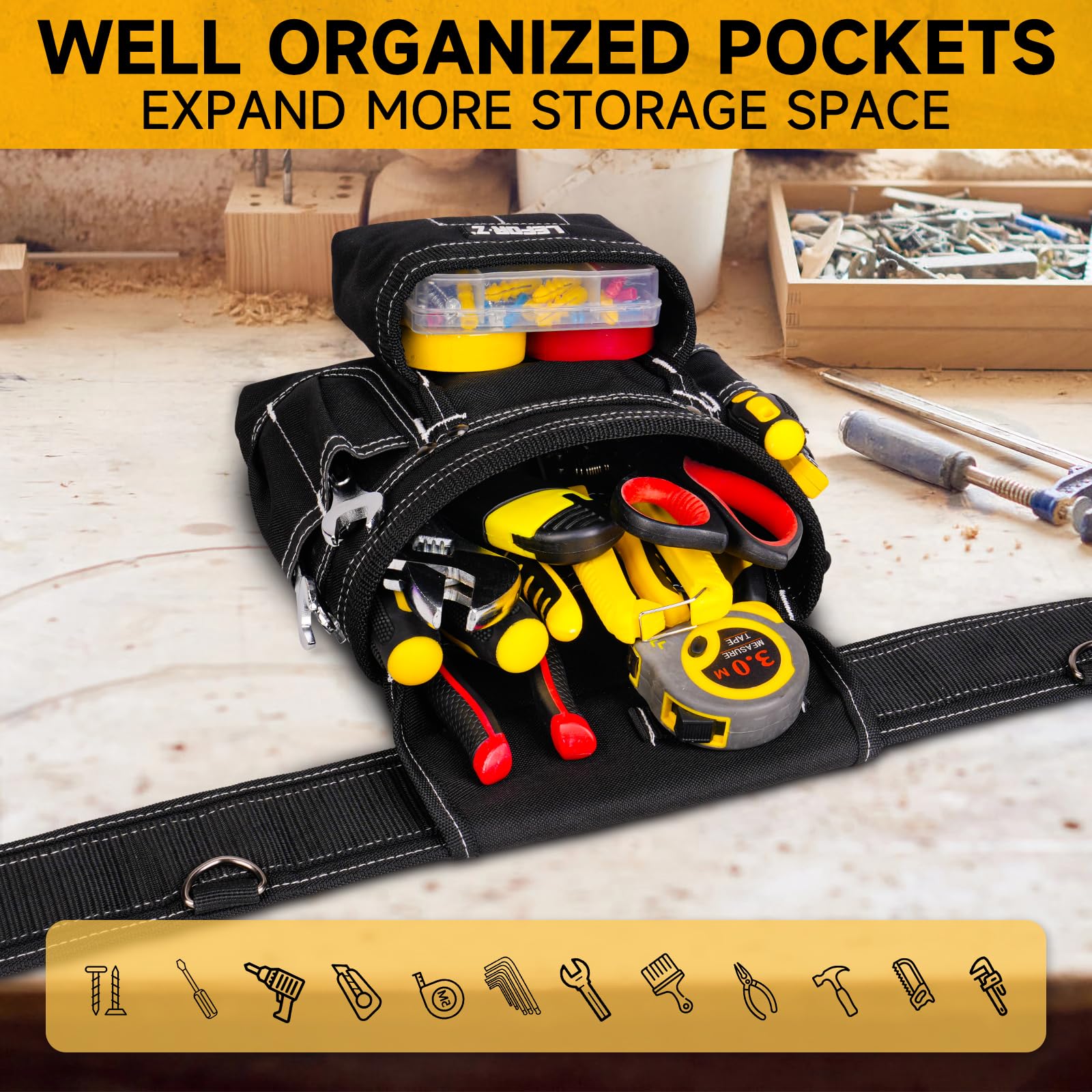 Ceinture porte Outils mit 27 Poches,Ceinture à Outils,Amovible Réglable Sac à Outils Magnétique avec 4 anneaux en D,Rembourrée Robuste pour Hommes,électriciens,Charpentiers,Ouvriers du Bâtiment,Noir