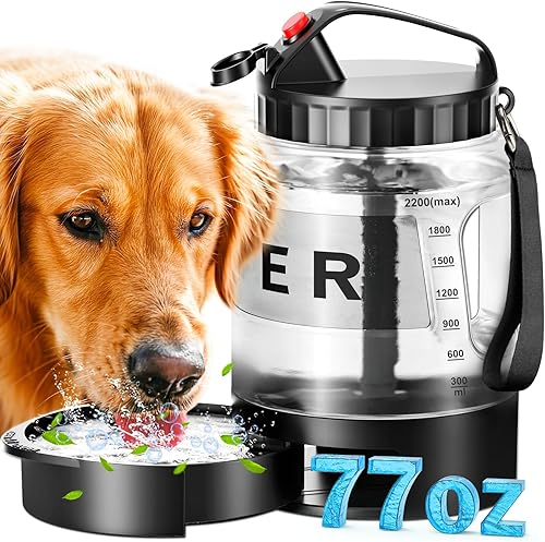 Botella de agua grande de viaje para perros de 77 onzas Dispensador de agua portátil para perros con cuenco, ideal para viajes, senderismo,