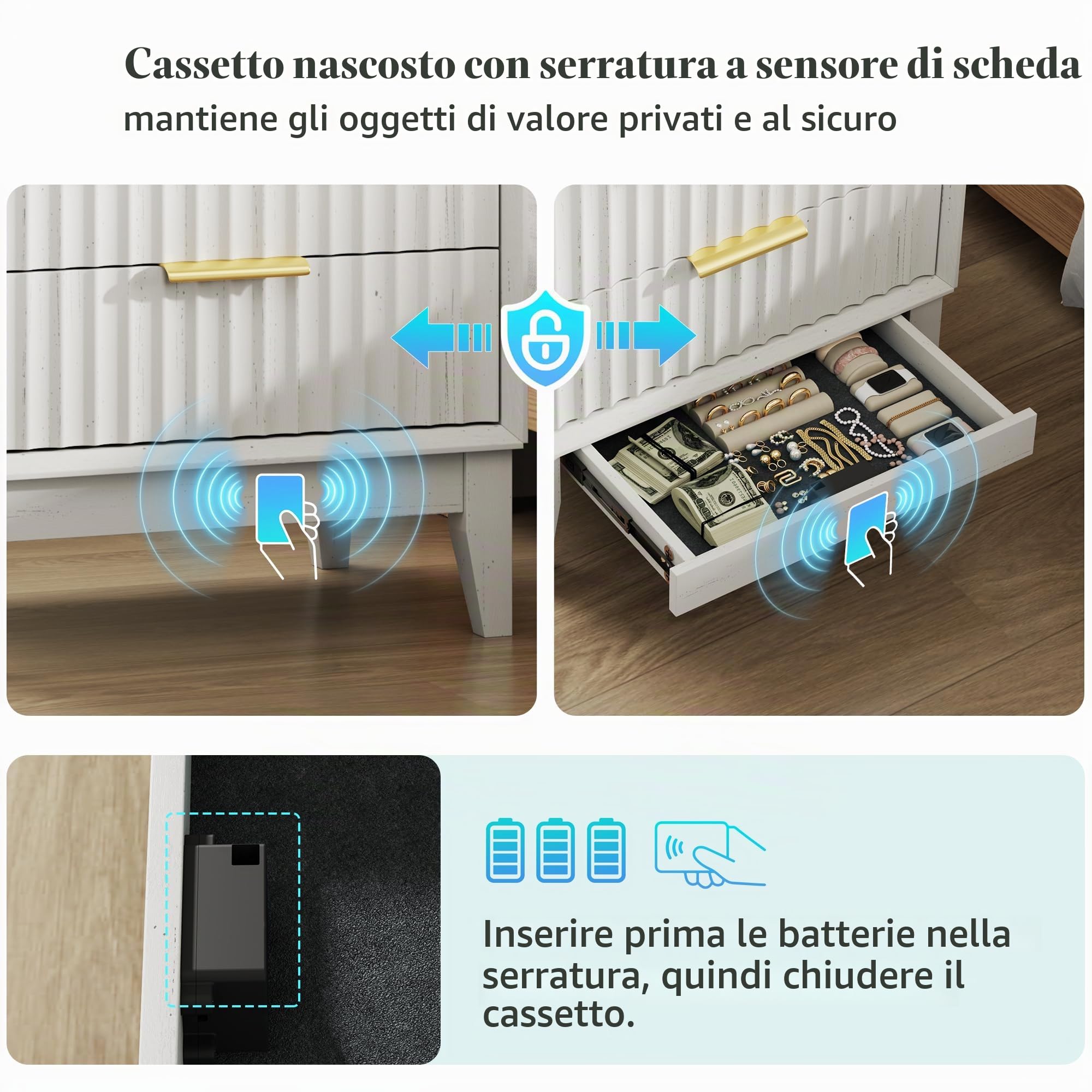 LVSOMT Comodino con stazione di ricarica e illuminazione a LED, cassetto nascosto con serratura RFID, comodino in stile Mid-Century Modern per la camera da letto, 2 cassetti e ripiano aperto, Bianco