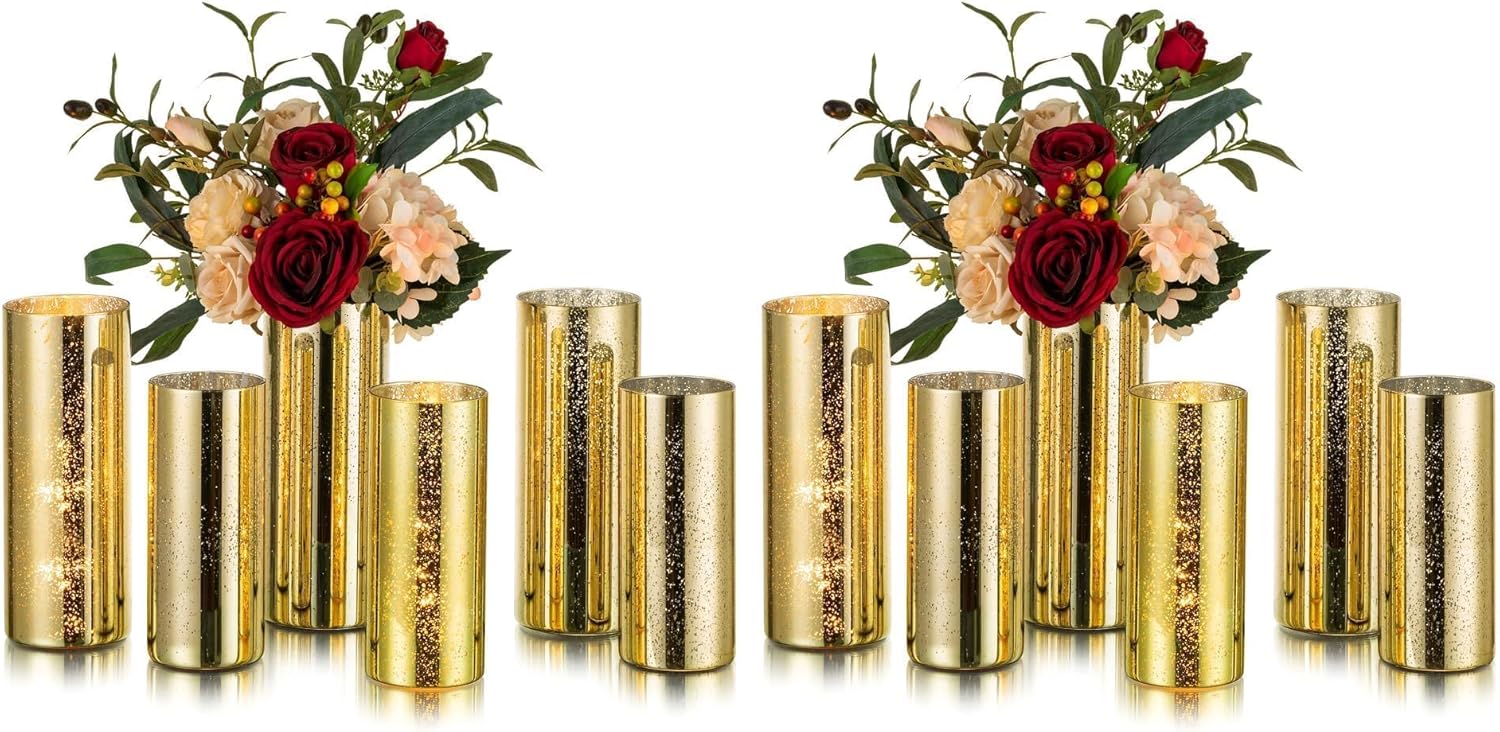 Glasseam Gold Cylinder Vases for Centerpieces: 12 Modern Mercury Hurricane Glass Vase Set for Flowers - Decorative Golden Pillar Candle Holders for Wedding Party Dining Room Table Decor