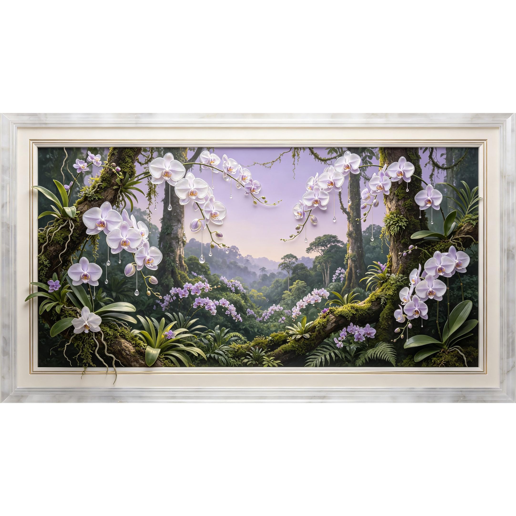 QZLITHOTIC 50x90cm3D Framed Wall Art， Tropical Orchid Forest Landscape Self‑Adhesive Mural， Water‑Activated Peel & Stick Fabric Decor Wall Decal for Bedroom Living Room