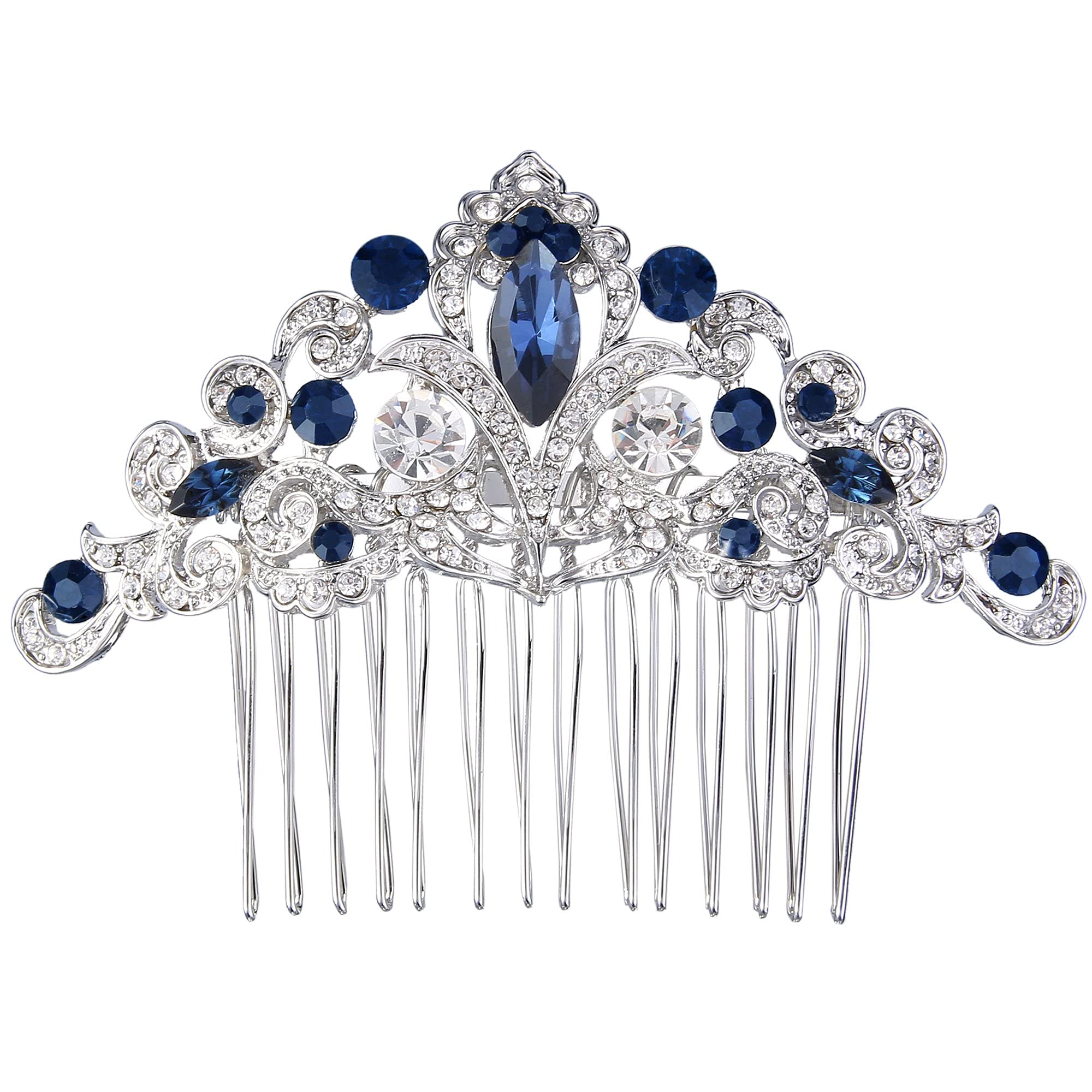 EVER FAITH Austrian Crystal Art Deco Flower Vine Wedding Prom Hair Comb fro Women Bride Bridesmaids Navy Blue Silver-Tone